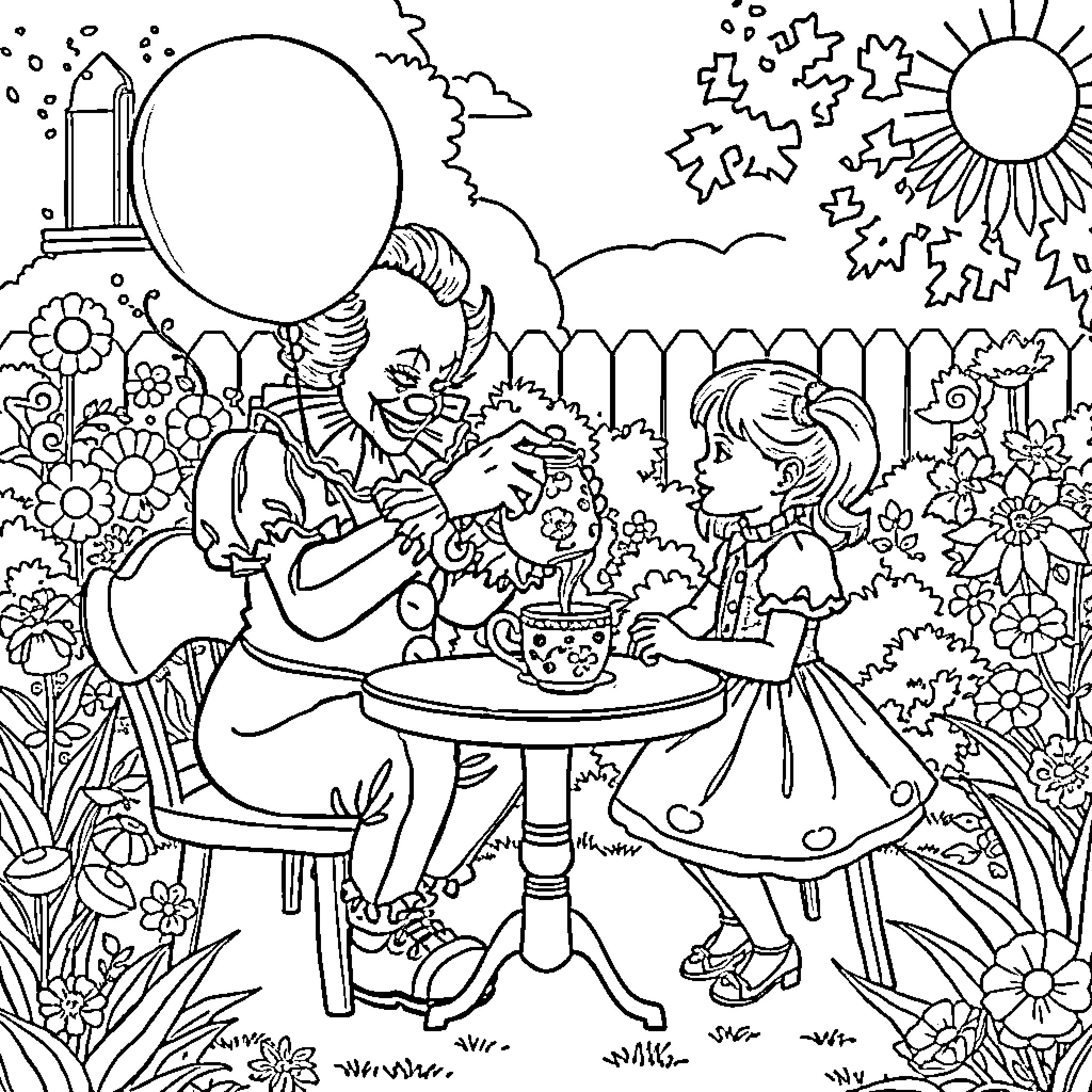 Pennywise's Whimsical Garden Tea Party Coloring Page (free black-and-white line drawing printable PDF for all, from beginners to advanced learners, including children, teens, adults, and seniors)
