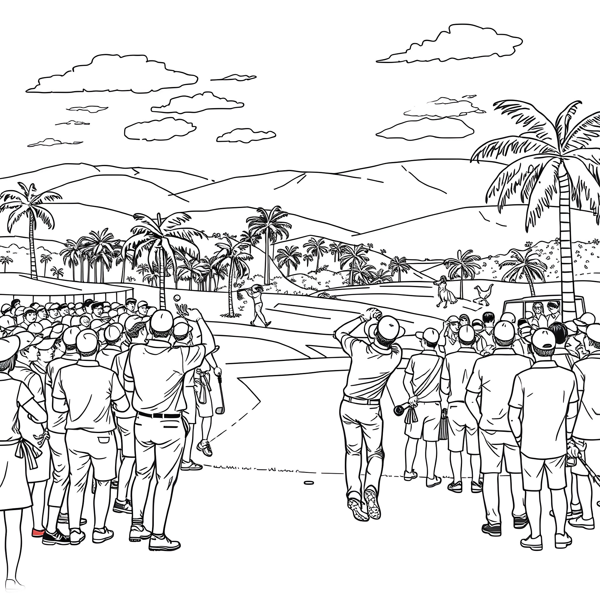 PGA Tour Golfers Preparing for Tournament on Tropical Course Coloring Page (free black-and-white line drawing printable PDF for all, from beginners to advanced learners, including children, teens, adults, and seniors)