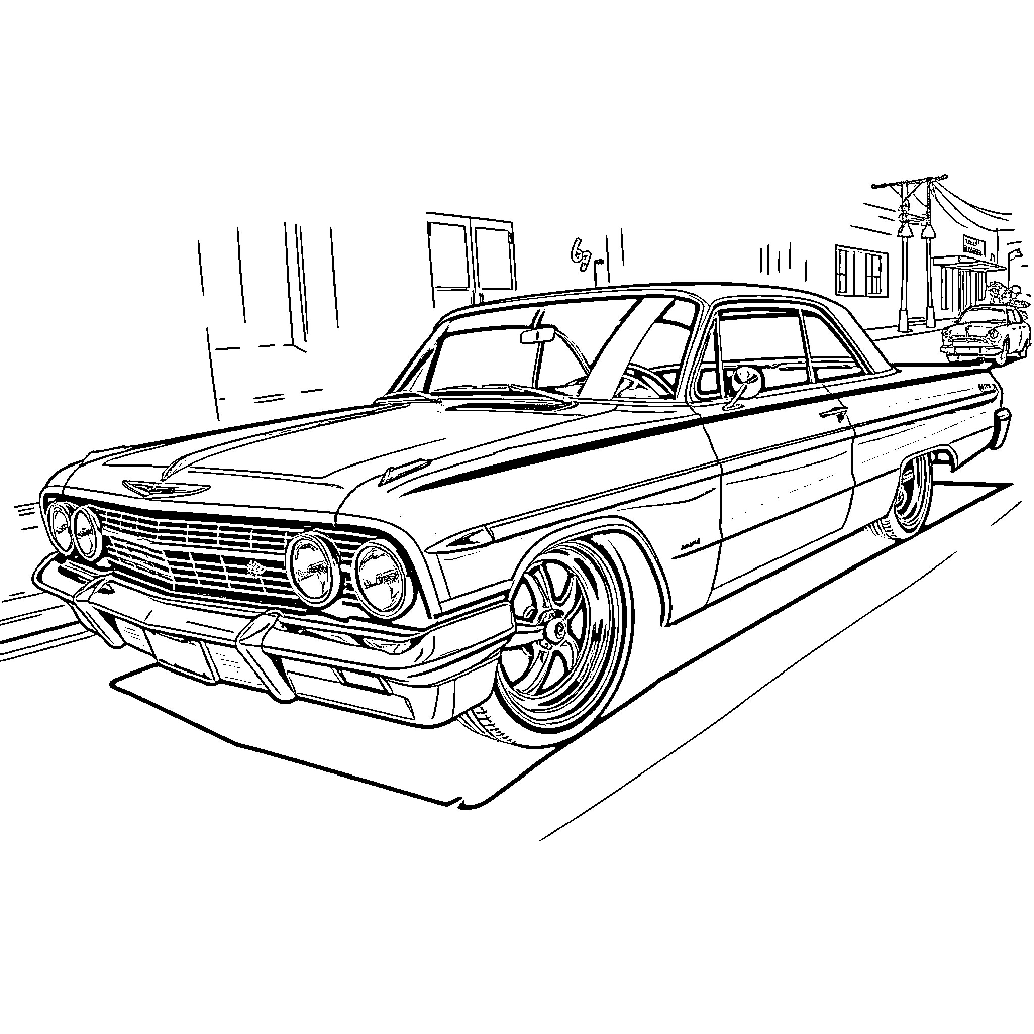 Impala classic muscle car on city street Coloring Page (free black-and-white line drawing printable PDF for all, from beginners to advanced learners, including children, teens, adults, and seniors)