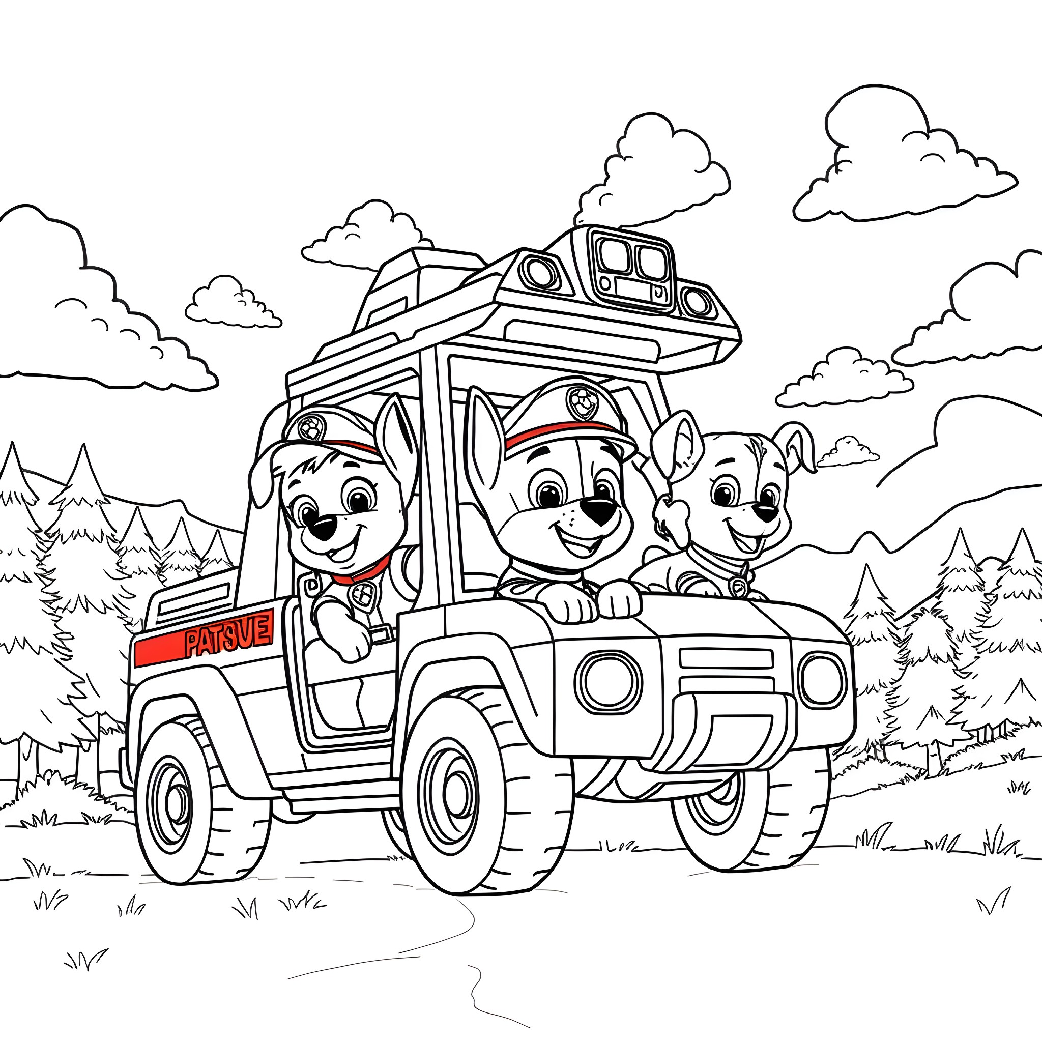 Paw Patrol rescuers driving in an off-road vehicle Coloring Page (free black-and-white line drawing printable PDF for all, from beginners to advanced learners, including children, teens, adults, and seniors)