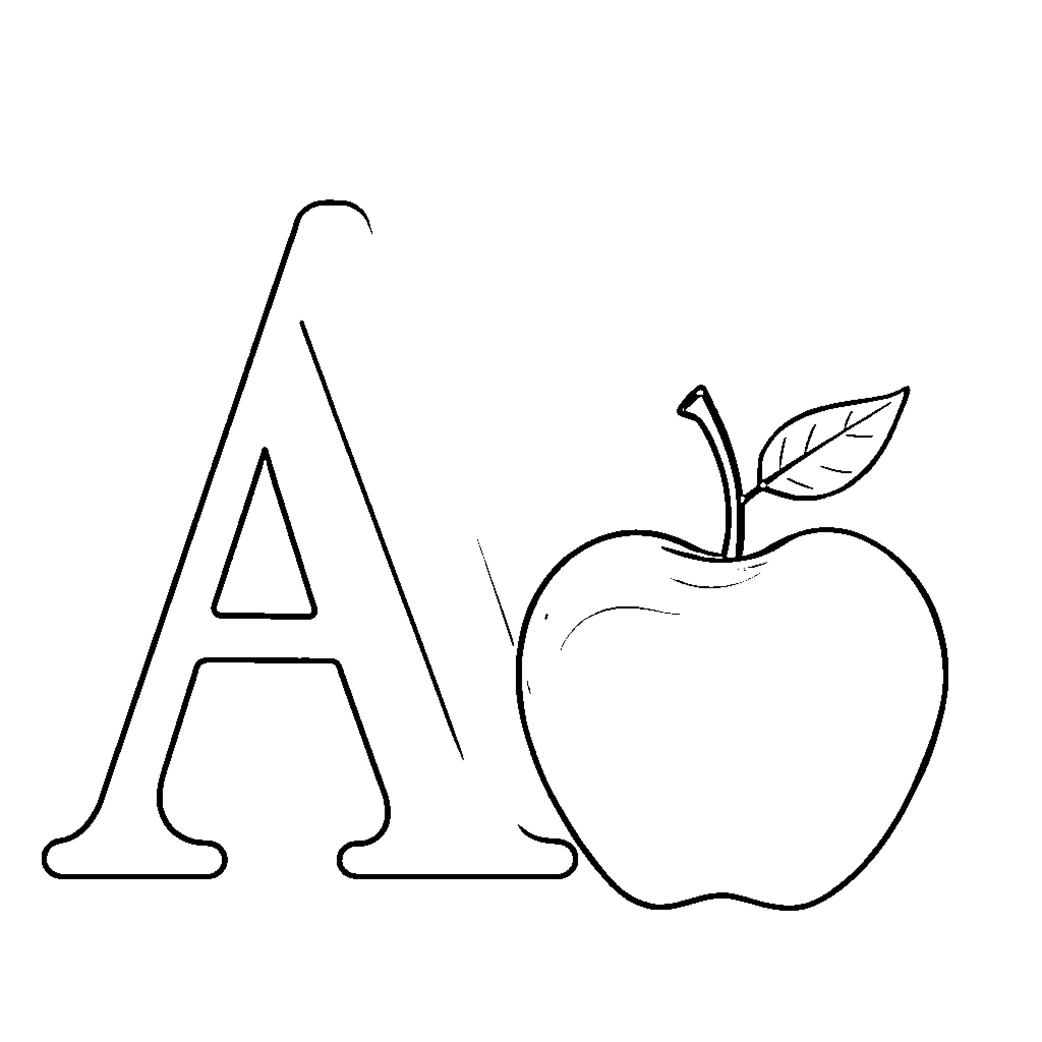 Letter A with Apple Illustration Coloring Page (free black-and-white line drawing printable PDF for all, from beginners to advanced learners, including children, teens, adults, and seniors)