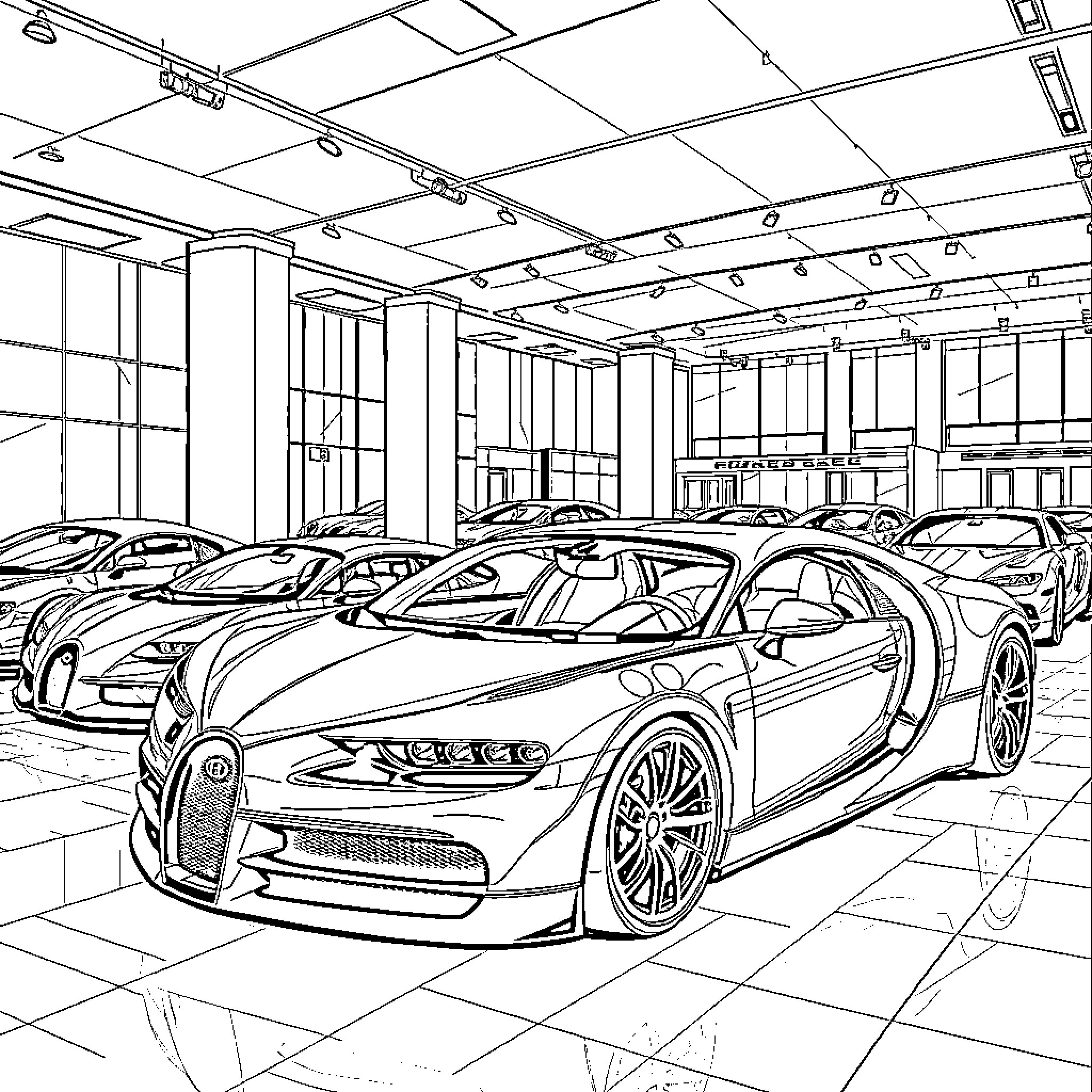 Bugatti luxury sports cars in showroom Coloring Page (free black-and-white line drawing printable PDF for all, from beginners to advanced learners, including children, teens, adults, and seniors)