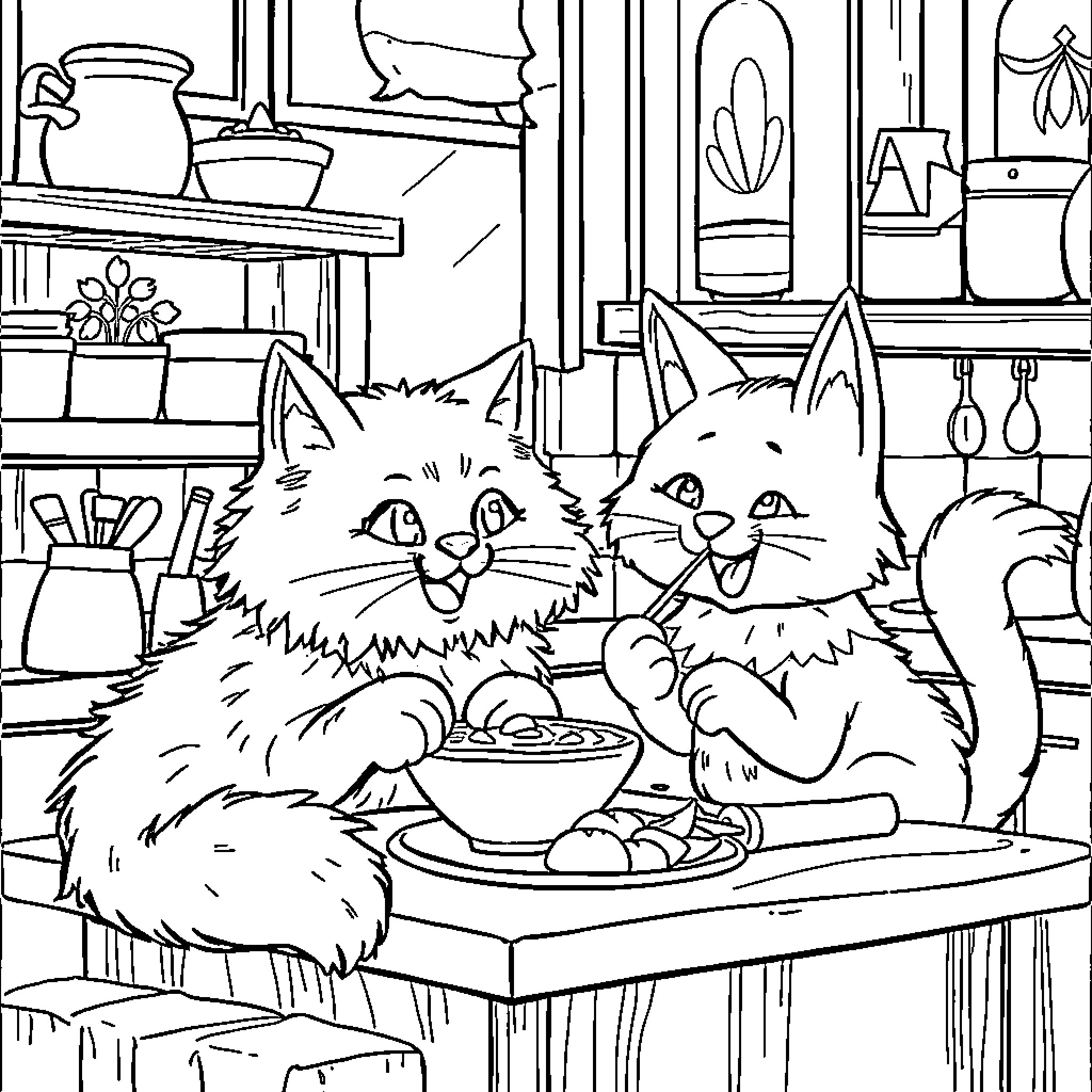 Chat about Playful Feline Friends in Cozy Kitchen Coloring Page (free black-and-white line drawing printable PDF for all, from beginners to advanced learners, including children, teens, adults, and seniors)