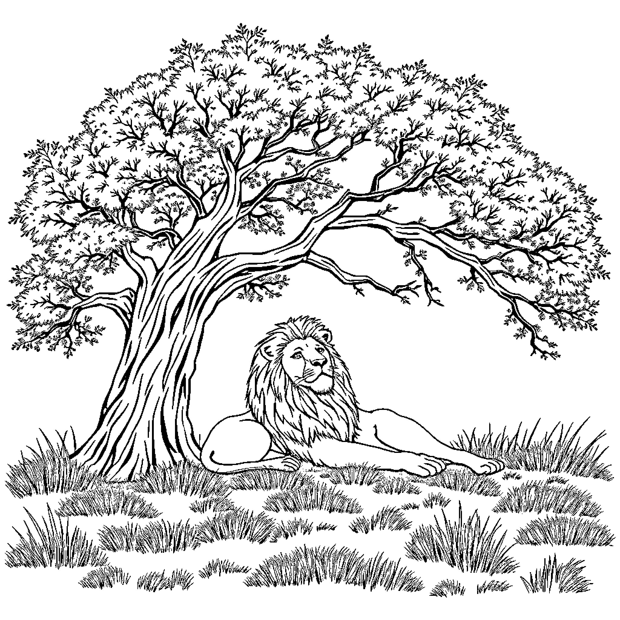 Lion resting under a majestic tree Coloring Page (free black-and-white line drawing printable PDF for all, from beginners to advanced learners, including children, teens, adults, and seniors)