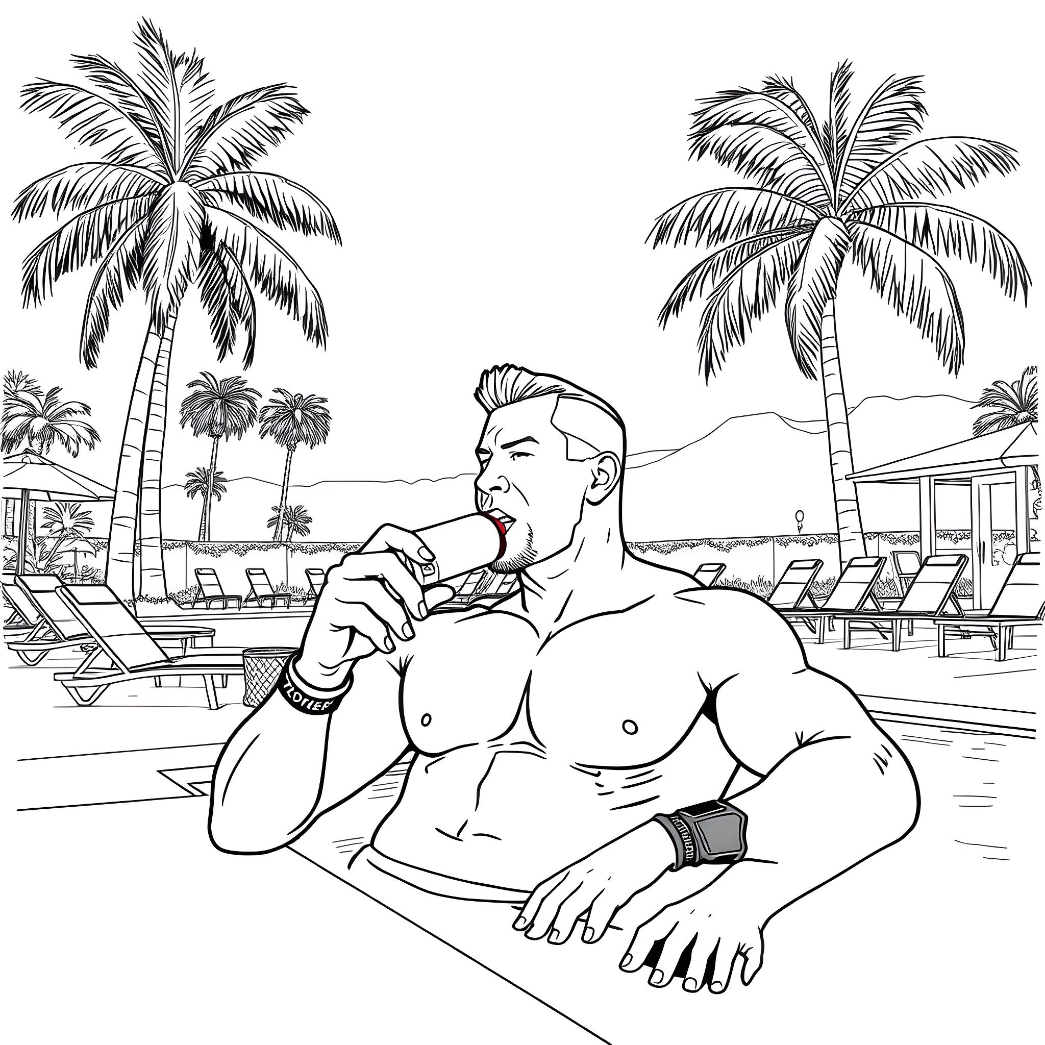 John Cena relaxing on the beach Coloring Page (free black-and-white line drawing printable PDF for all, from beginners to advanced learners, including children, teens, adults, and seniors)