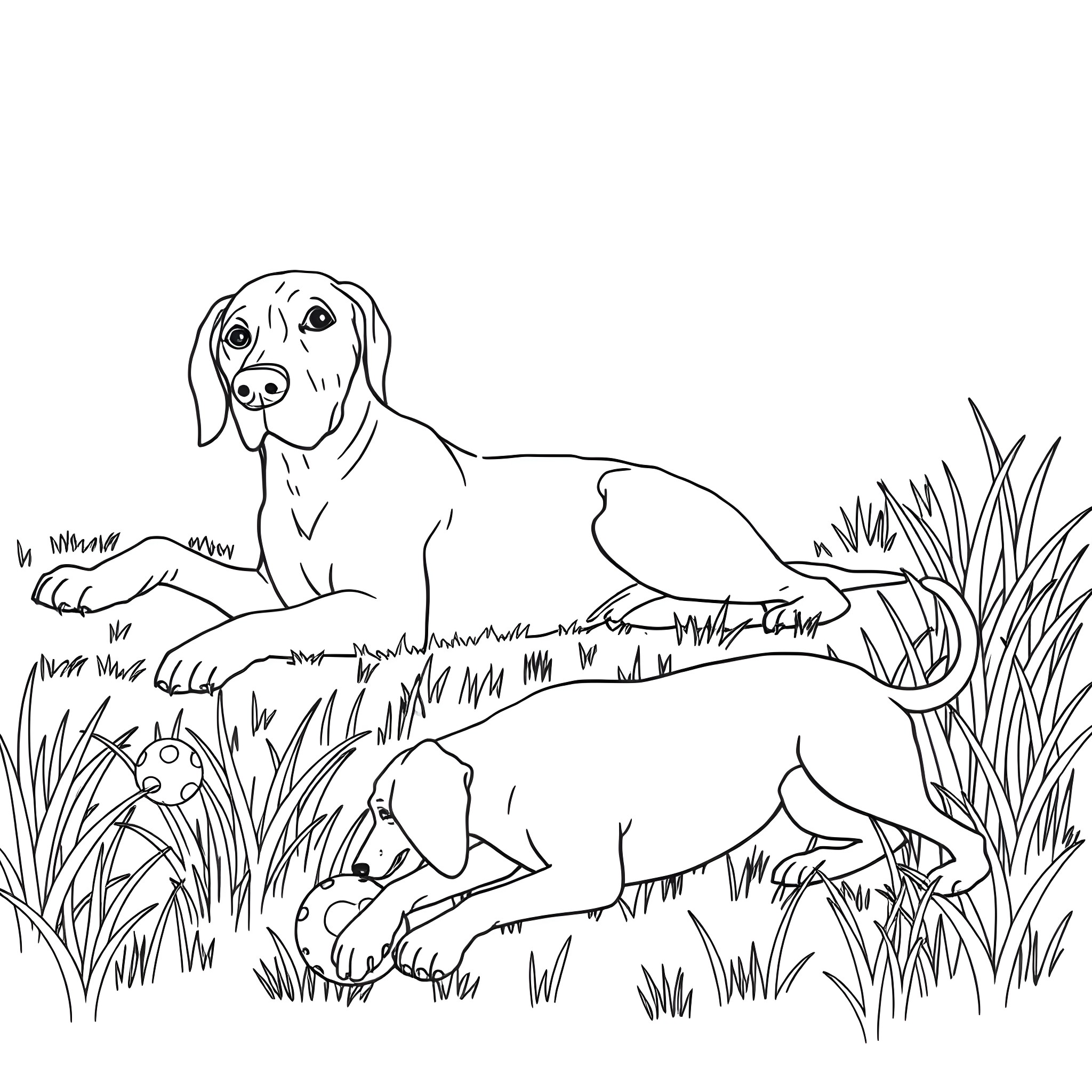 Dog resting in grassy field Coloring Page (free black-and-white line drawing printable PDF for all, from beginners to advanced learners, including children, teens, adults, and seniors)