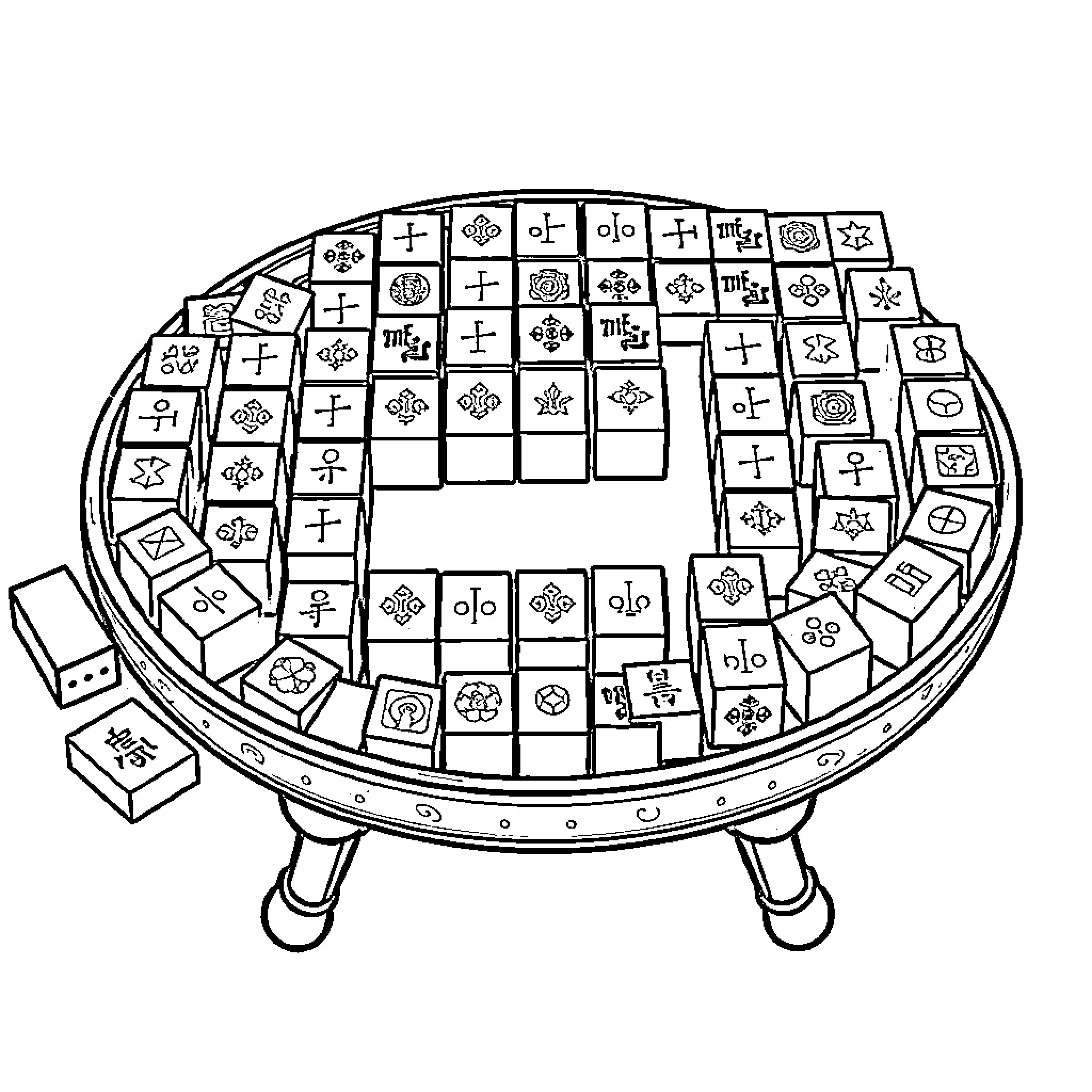 Mahjong game in progress with traditional tiles Coloring Page (free black-and-white line drawing printable PDF for all, from beginners to advanced learners, including children, teens, adults, and seniors)