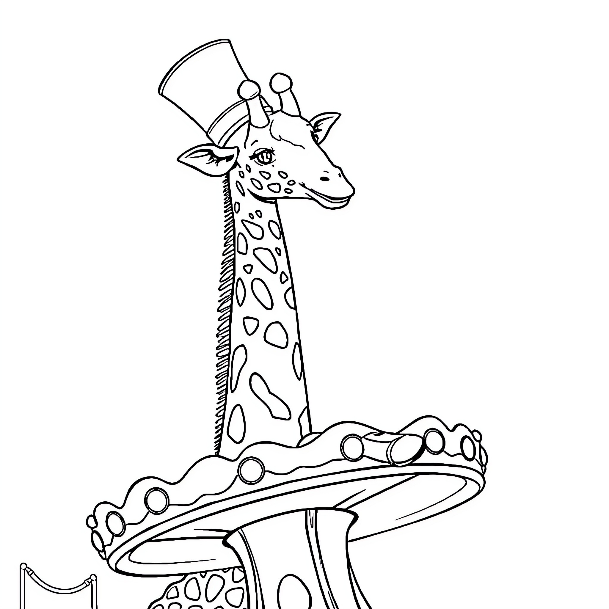 Giraffe riding a carousel Coloring Page (free black-and-white line drawing printable PDF for all, from beginners to advanced learners, including children, teens, adults, and seniors)