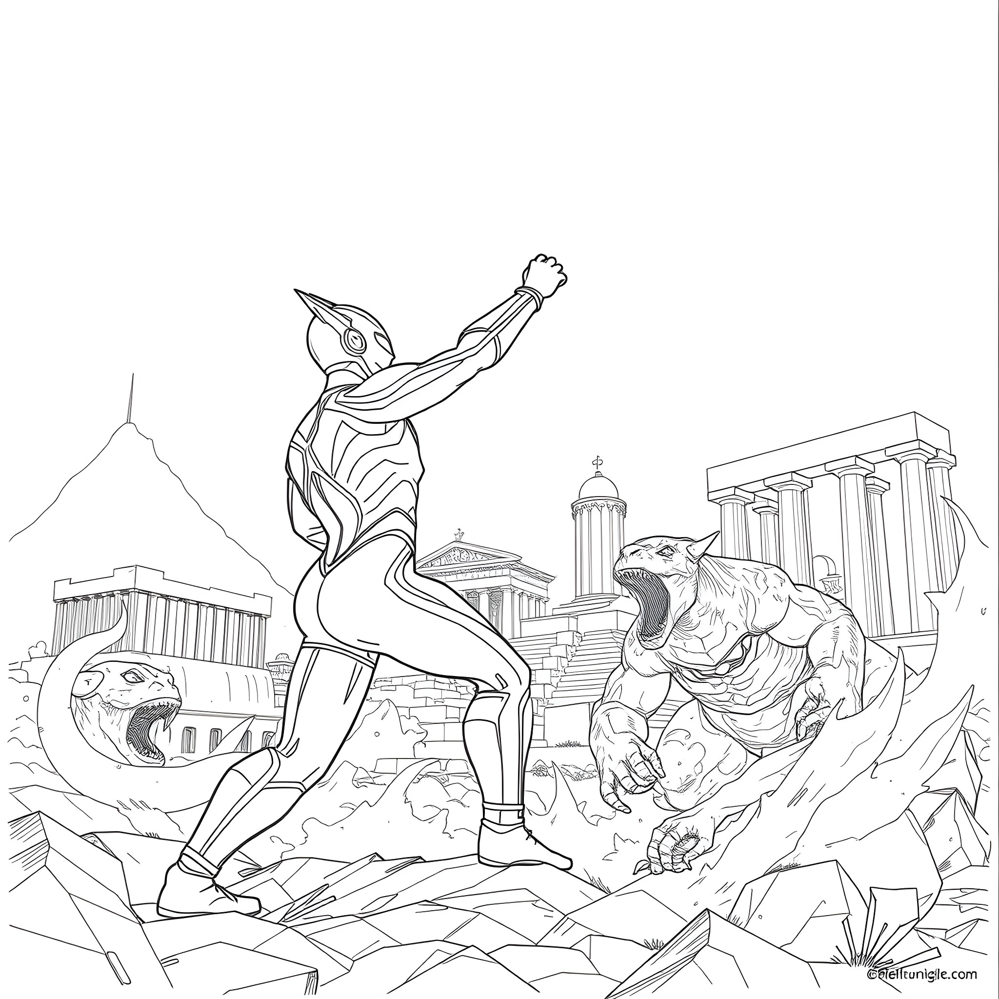 Ultraman in action, facing off against a giant monster Coloring Page (free black-and-white line drawing printable PDF for all, from beginners to advanced learners, including children, teens, adults, and seniors)