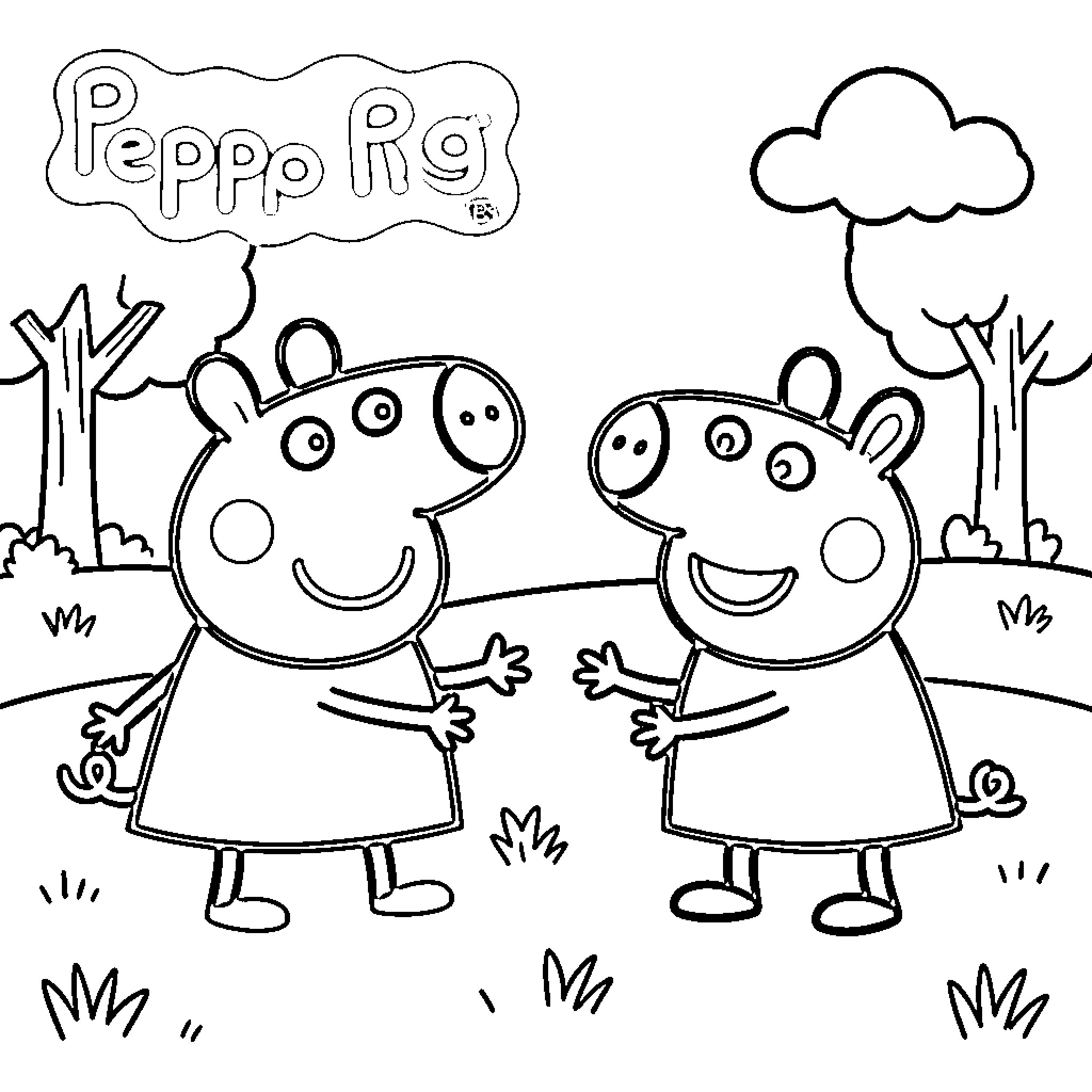Peppa Pig and friend playing happily outdoors Coloring Page (free black-and-white line drawing printable PDF for all, from beginners to advanced learners, including children, teens, adults, and seniors)