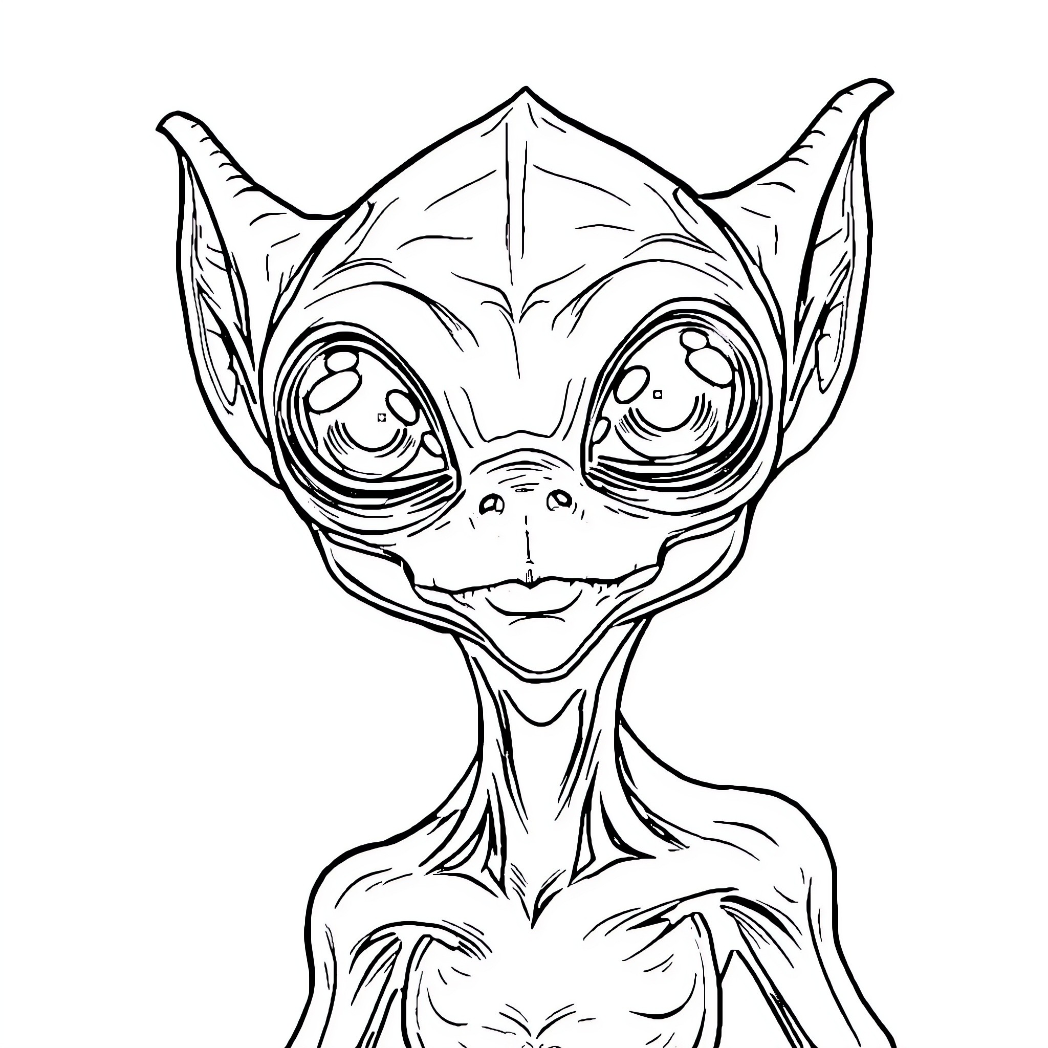 Alien creature with large expressive eyes Coloring Page (free black-and-white line drawing printable PDF for all, from beginners to advanced learners, including children, teens, adults, and seniors)