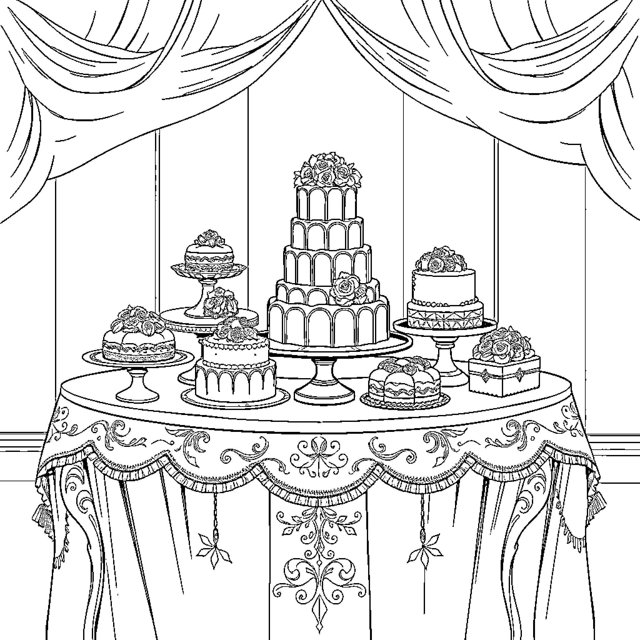 Cake Display with Elegant Decor Coloring Page (free black-and-white line drawing printable PDF for all, from beginners to advanced learners, including children, teens, adults, and seniors)