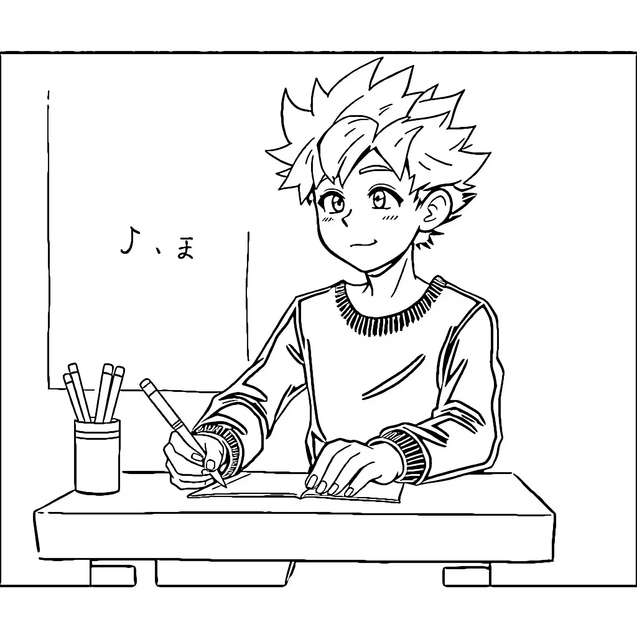 Bakugo studying intently at his desk Coloring Page (free black-and-white line drawing printable PDF for all, from beginners to advanced learners, including children, teens, adults, and seniors)