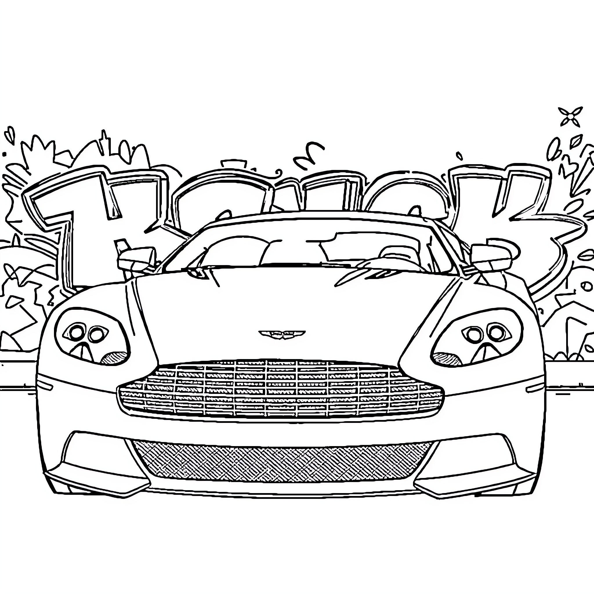 Aston Martin sports car in urban graffiti scene Coloring Page (free black-and-white line drawing printable PDF for all, from beginners to advanced learners, including children, teens, adults, and seniors)