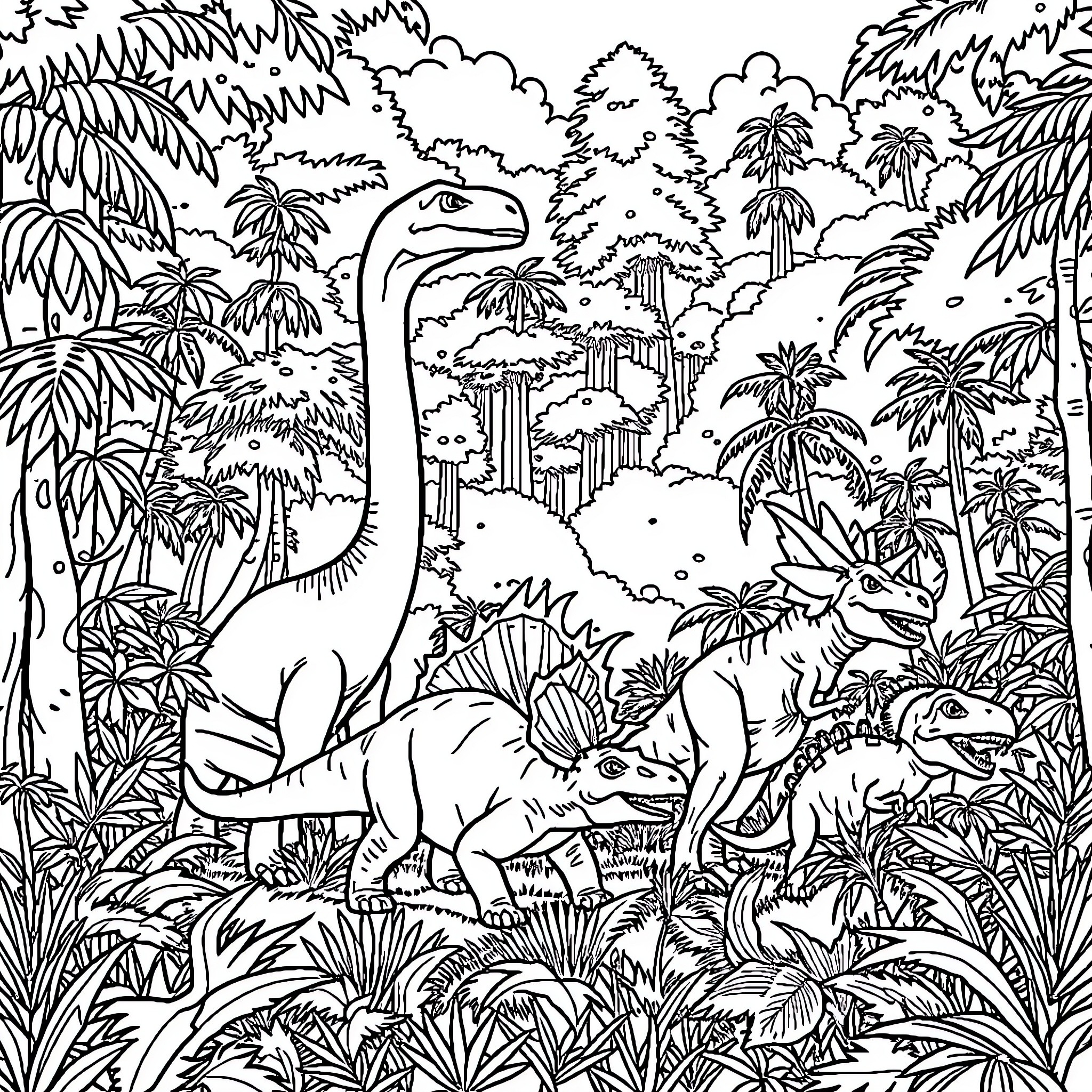 Dinosaurs in a Prehistoric Jungle Landscape Coloring Page (free black-and-white line drawing printable PDF for all, from beginners to advanced learners, including children, teens, adults, and seniors)