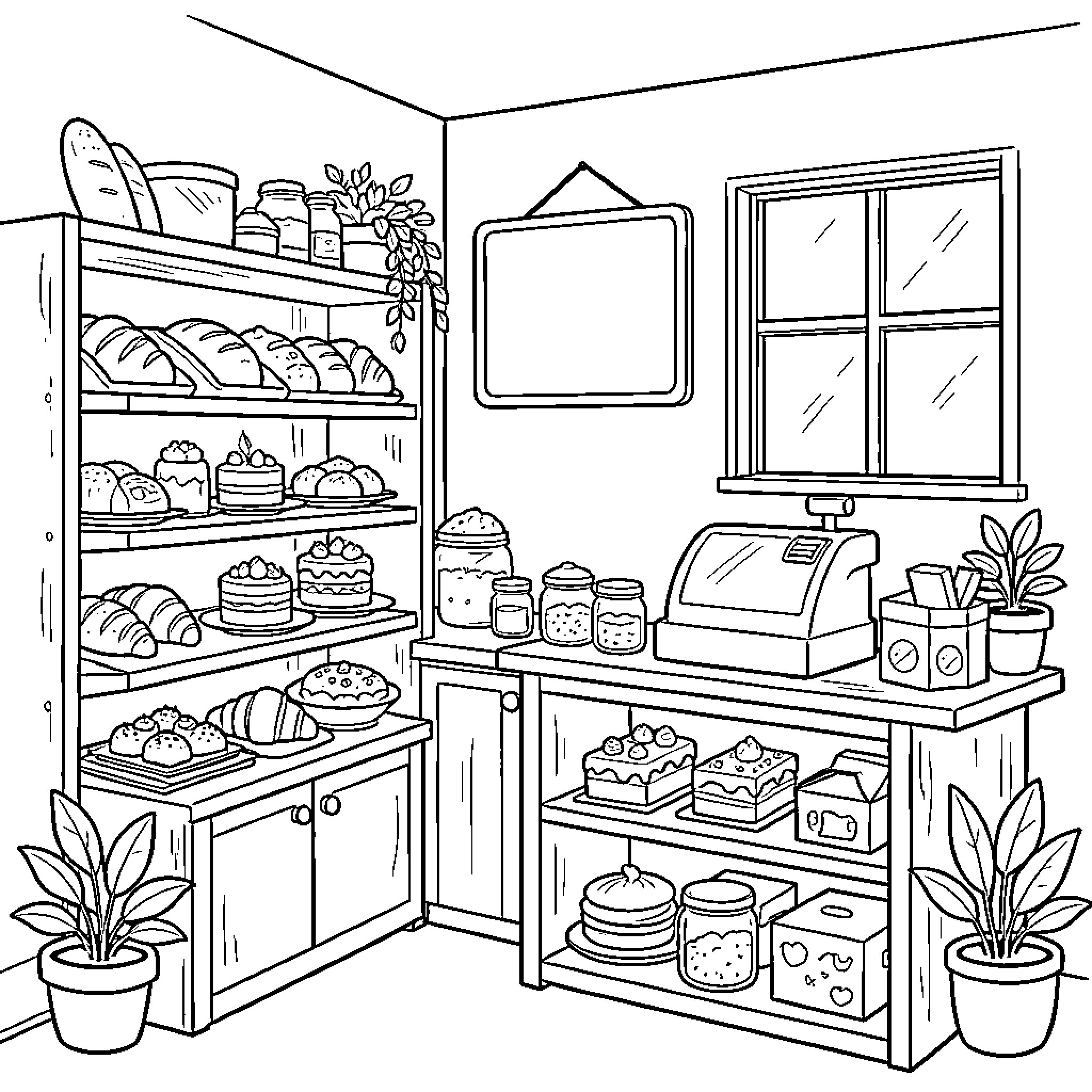 Bakery Display of Delicious Treats Coloring Page (free black-and-white line drawing printable PDF for all, from beginners to advanced learners, including children, teens, adults, and seniors)