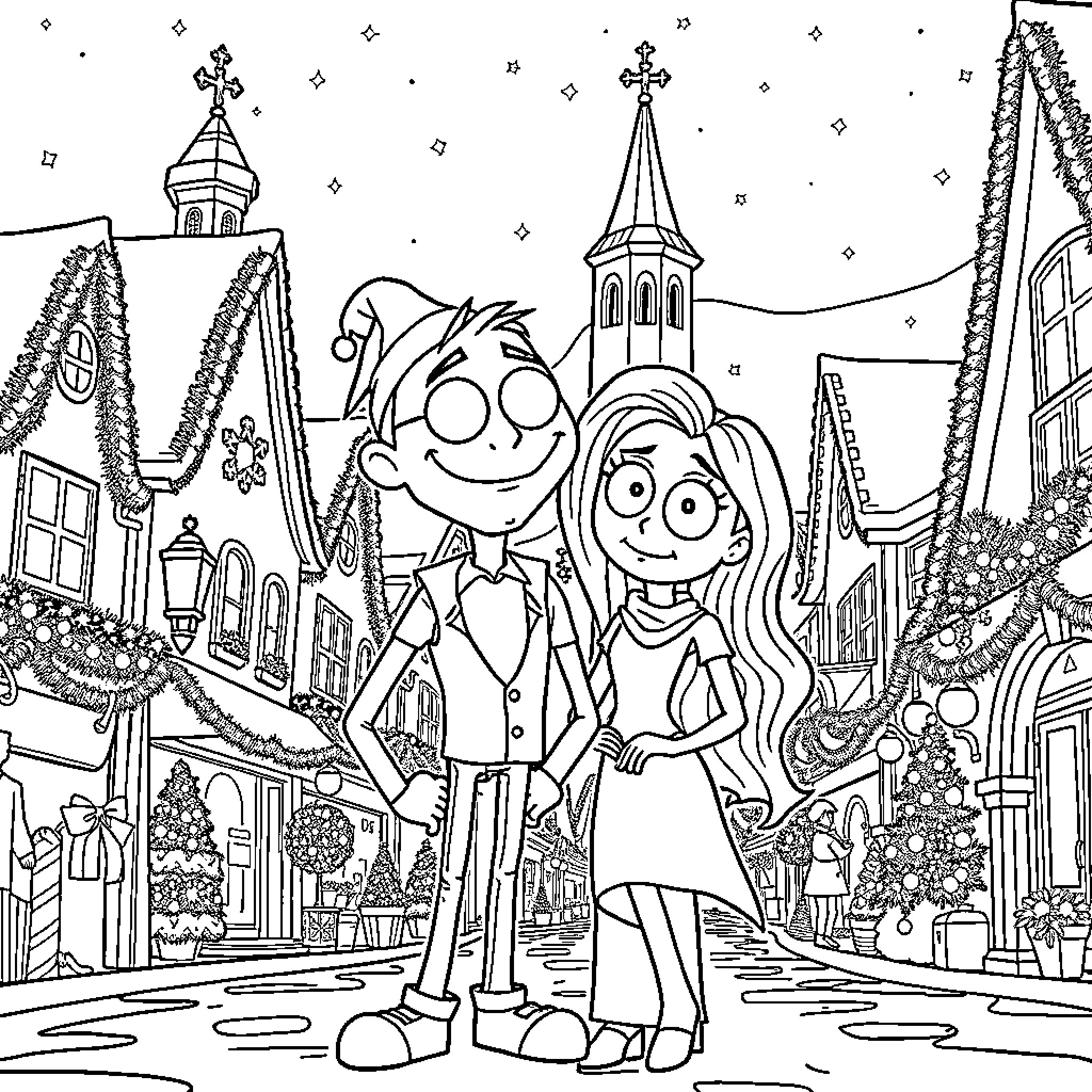 Jack and Sally strolling through a whimsical town Coloring Page (free black-and-white line drawing printable PDF for all, from beginners to advanced learners, including children, teens, adults, and seniors)
