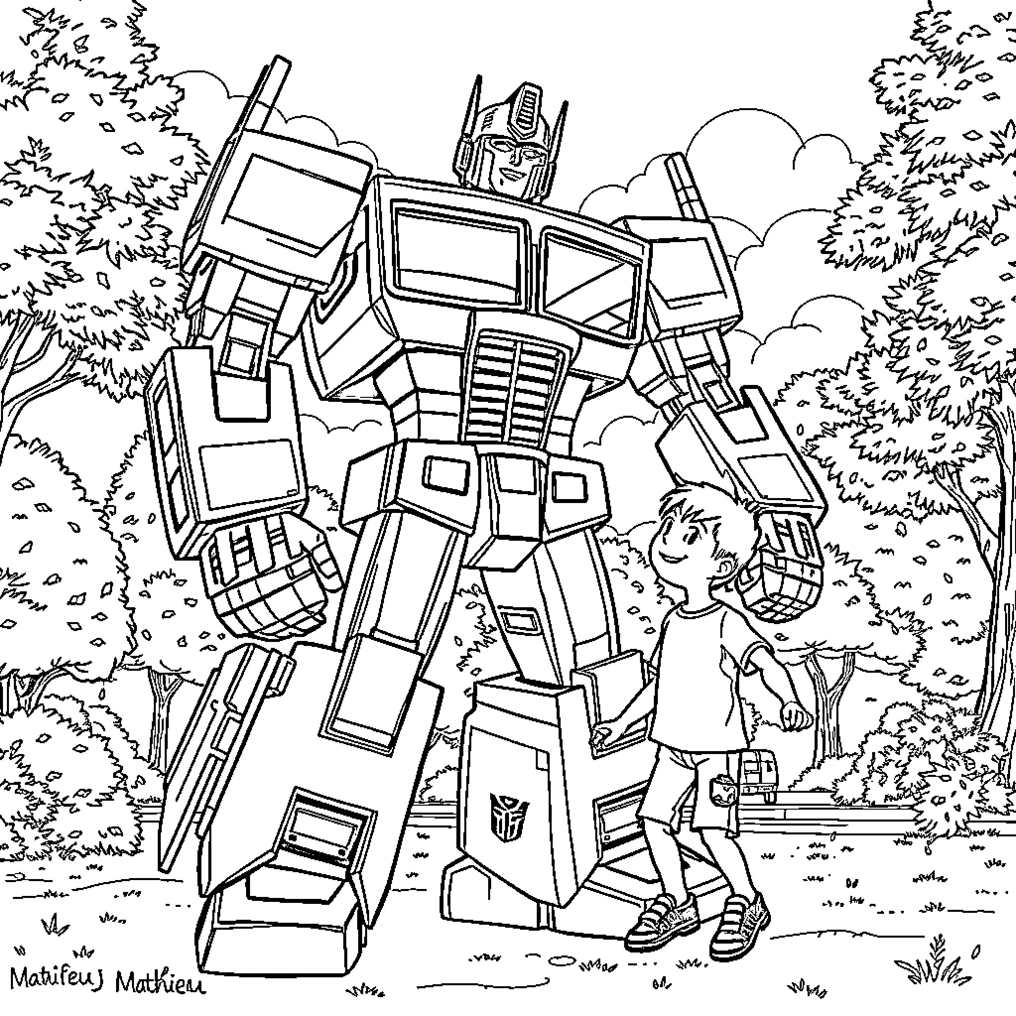 Optimus Prime and a human explore the forest Coloring Page (free black-and-white line drawing printable PDF for all, from beginners to advanced learners, including children, teens, adults, and seniors)