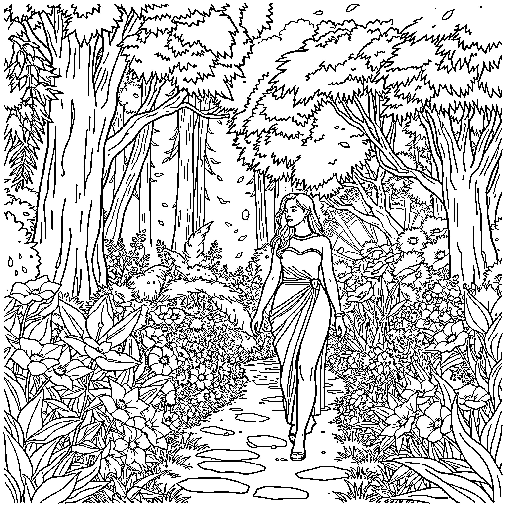 Adam and Eve in the Garden of Eden Coloring Page (free black-and-white line drawing printable PDF for all, from beginners to advanced learners, including children, teens, adults, and seniors)