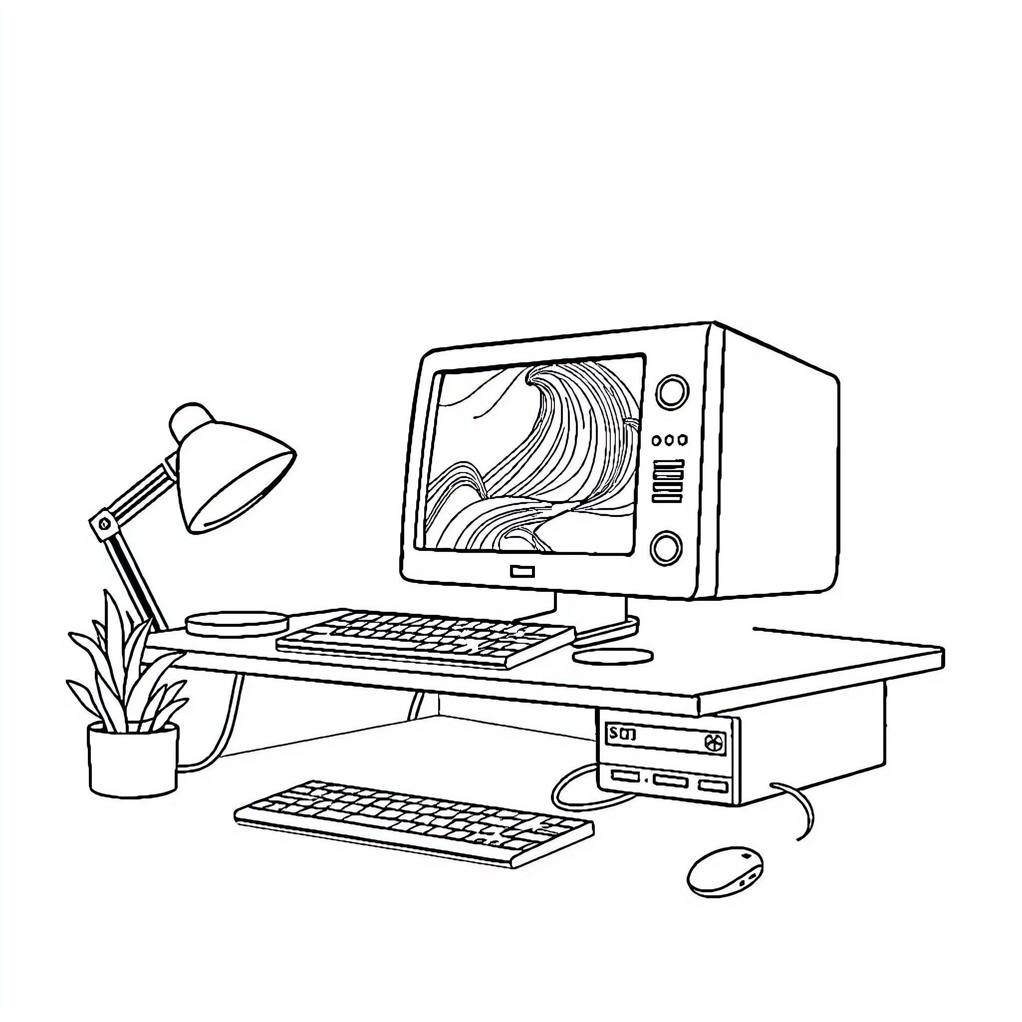 Computer desk with office supplies and equipment Coloring Page (free black-and-white line drawing printable PDF for all, from beginners to advanced learners, including children, teens, adults, and seniors)