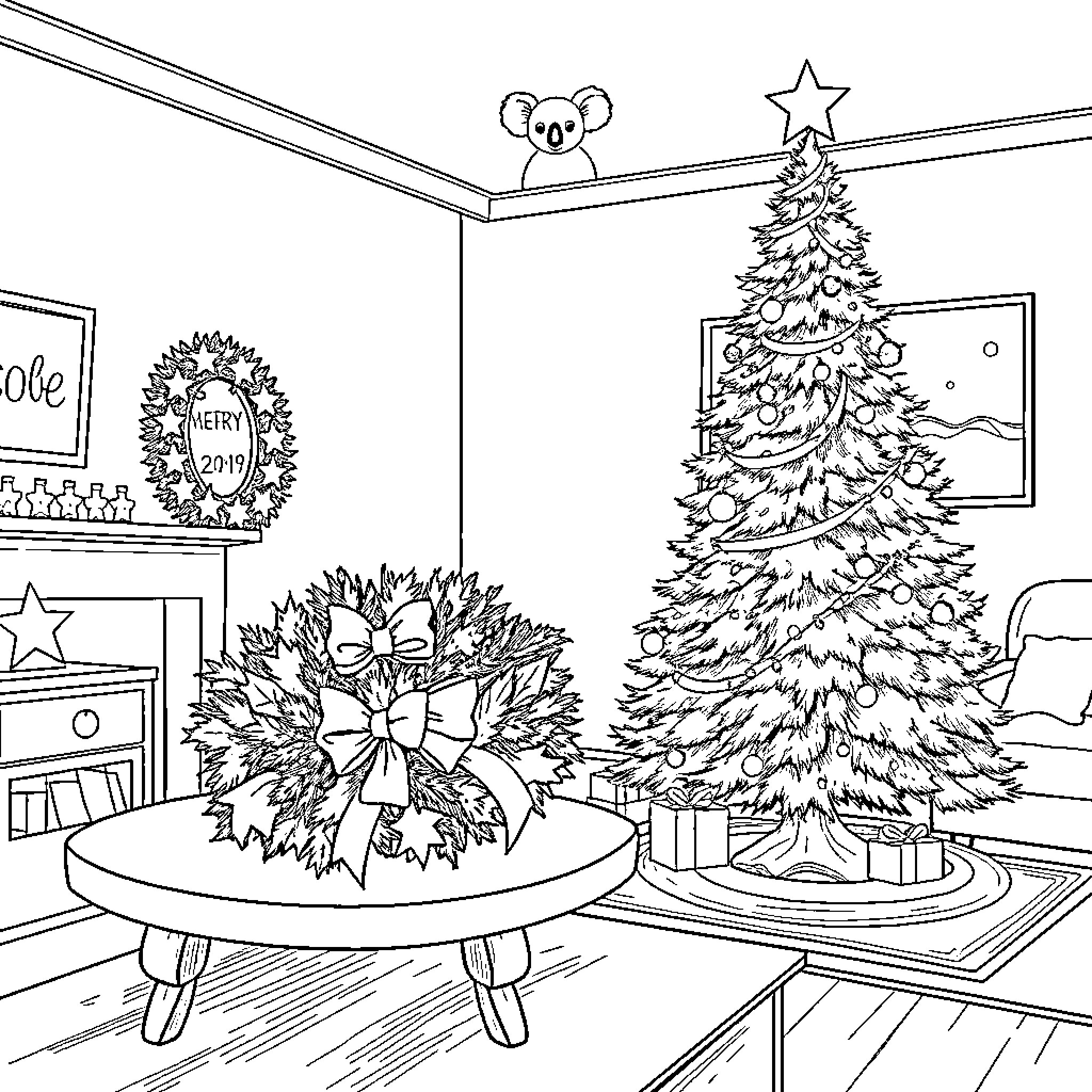 Wreath decorating a cozy Christmas living room Coloring Page (free black-and-white line drawing printable PDF for all, from beginners to advanced learners, including children, teens, adults, and seniors)