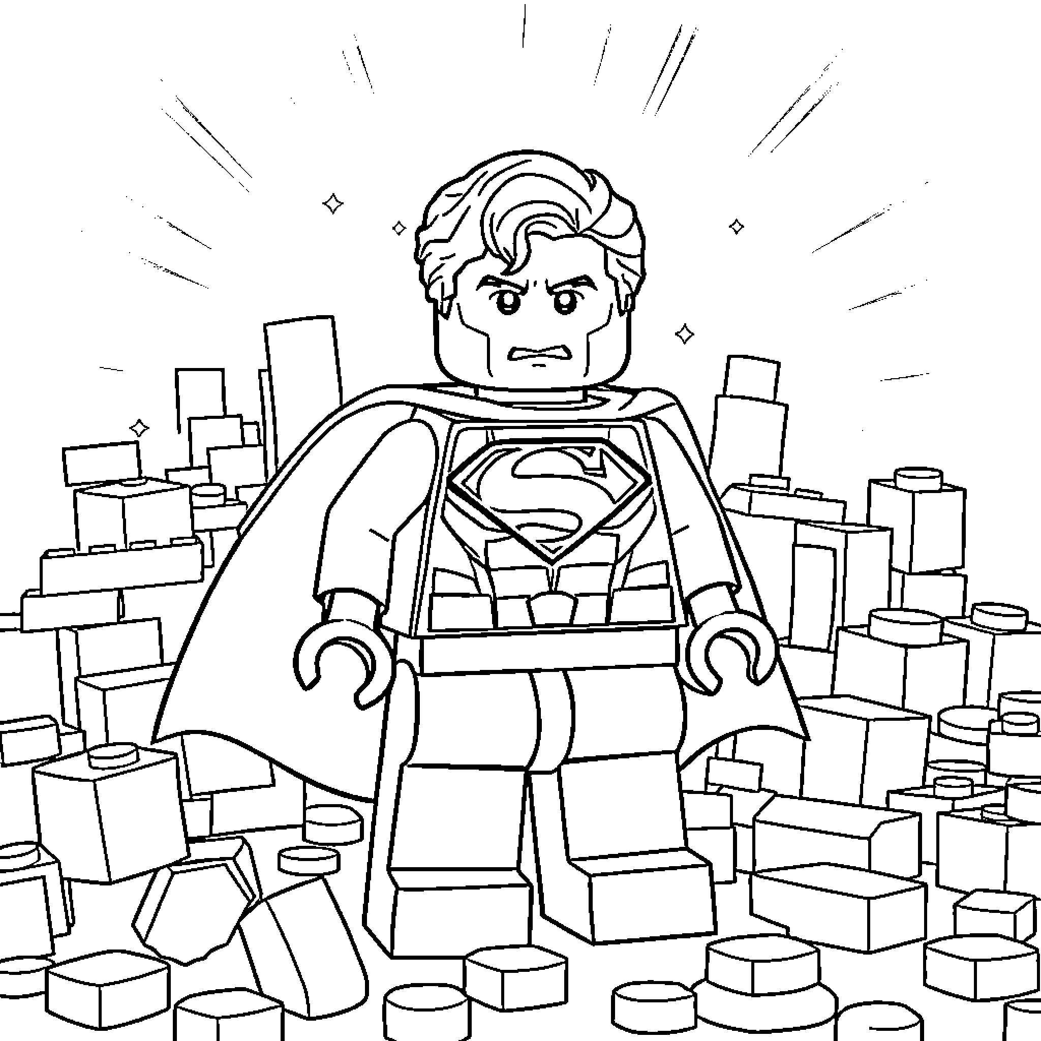 Superman standing amidst crumbling city landscape Coloring Page (free black-and-white line drawing printable PDF for all, from beginners to advanced learners, including children, teens, adults, and seniors)