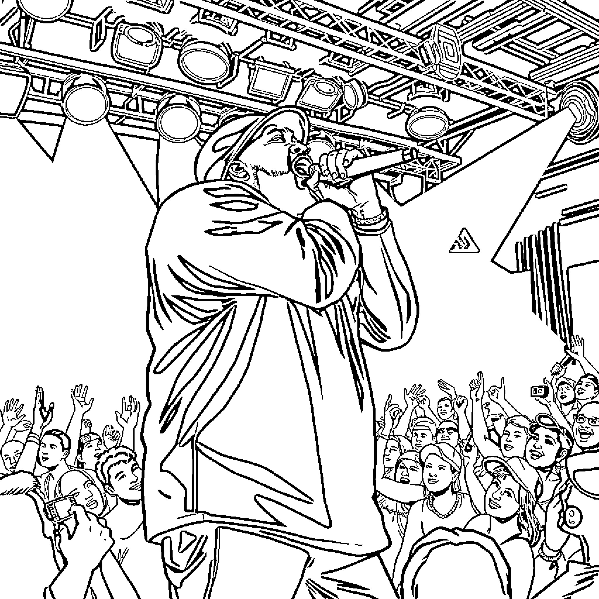 Jadakiss performing on stage with enthusiastic crowd Coloring Page (free black-and-white line drawing printable PDF for all, from beginners to advanced learners, including children, teens, adults, and seniors)