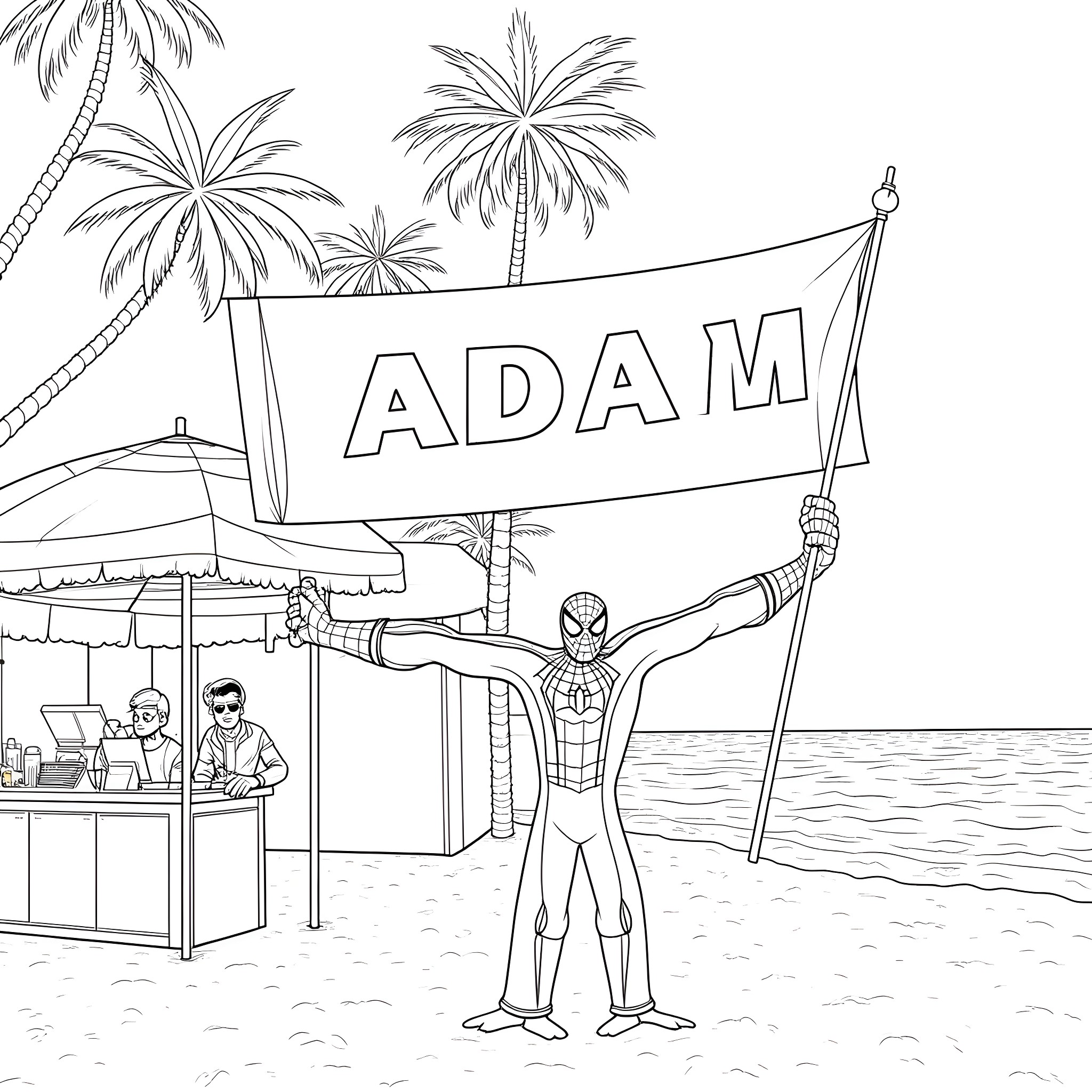 Spiderman on a tropical beach holding a banner with 'ADAM' Coloring Page (free black-and-white line drawing printable PDF for all, from beginners to advanced learners, including children, teens, adults, and seniors)