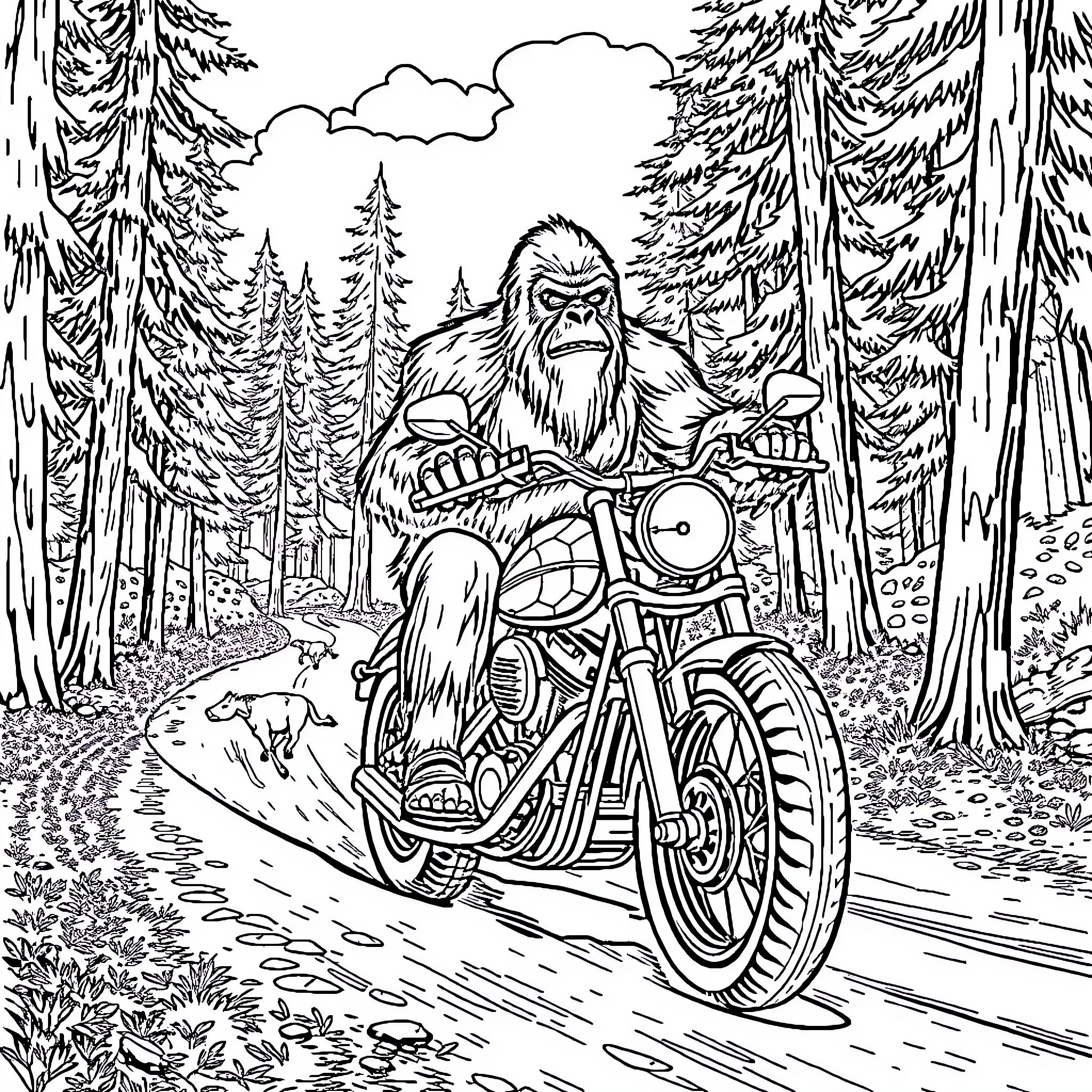 Chopper Motorcycle Ridden by Sasquatch in Forest Coloring Page (free black-and-white line drawing printable PDF for all, from beginners to advanced learners, including children, teens, adults, and seniors)