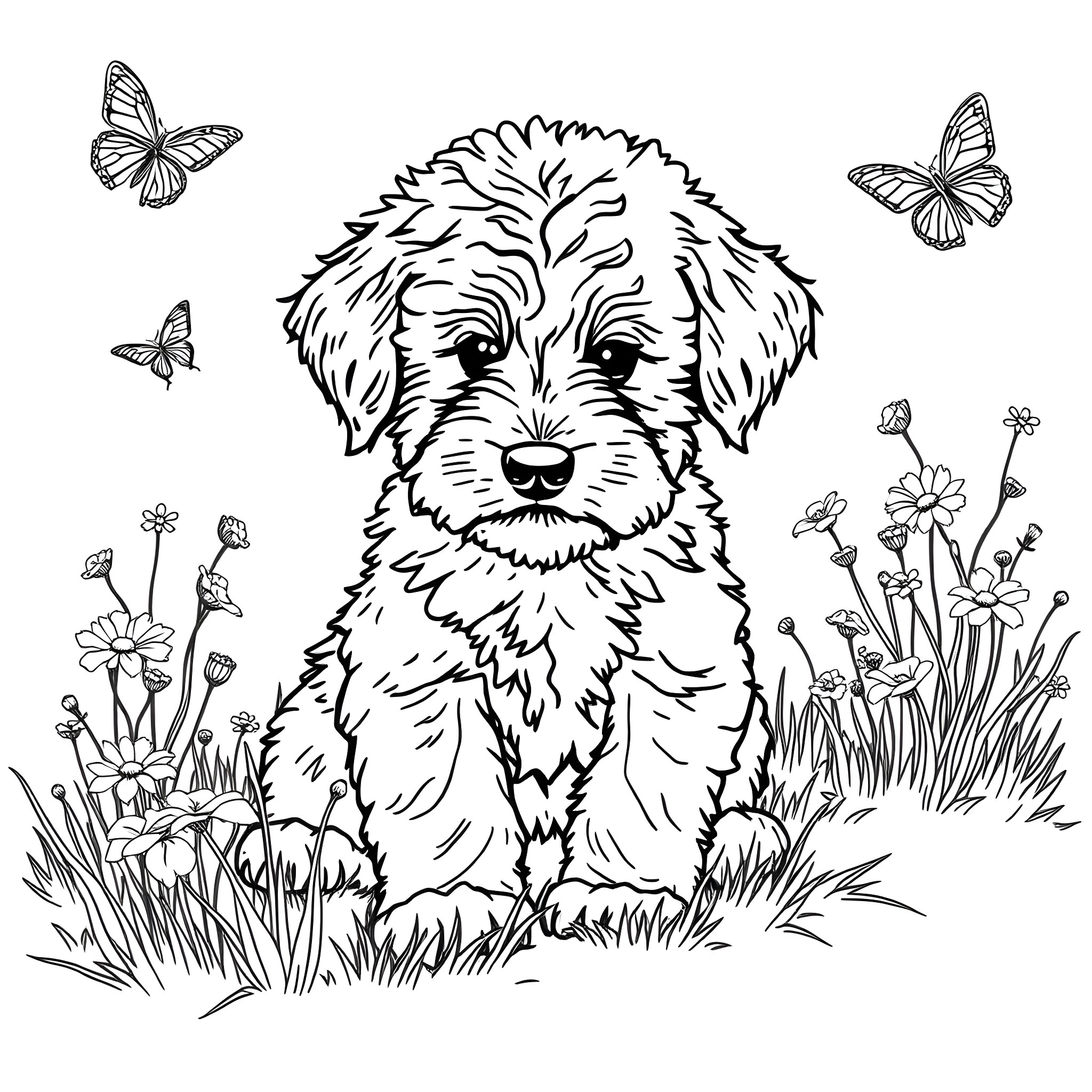 Aussiedoodle playing in the garden Coloring Page (free black-and-white line drawing printable PDF for all, from beginners to advanced learners, including children, teens, adults, and seniors)