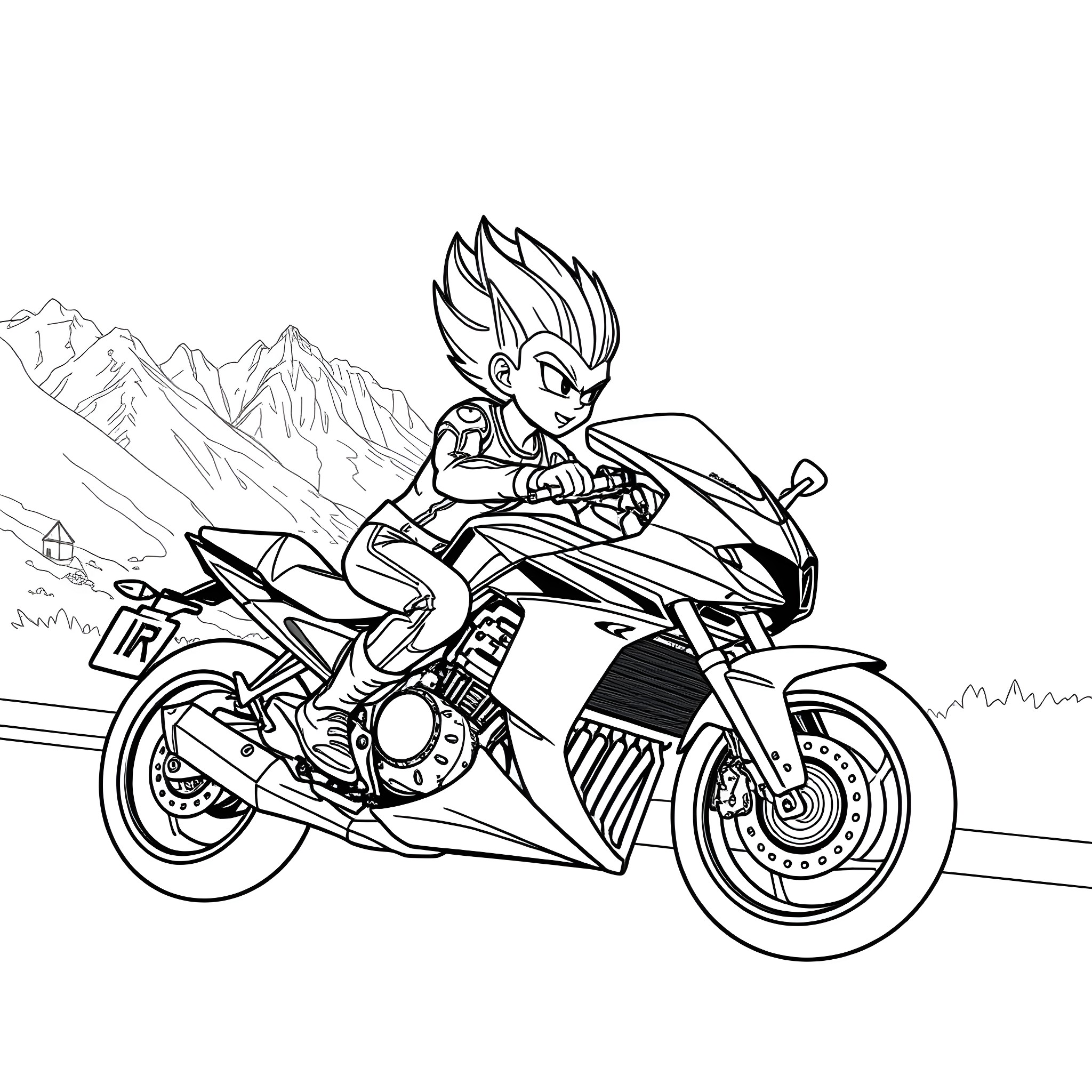 Vegeta riding a high-speed motorcycle in the mountains Coloring Page (free black-and-white line drawing printable PDF for all, from beginners to advanced learners, including children, teens, adults, and seniors)