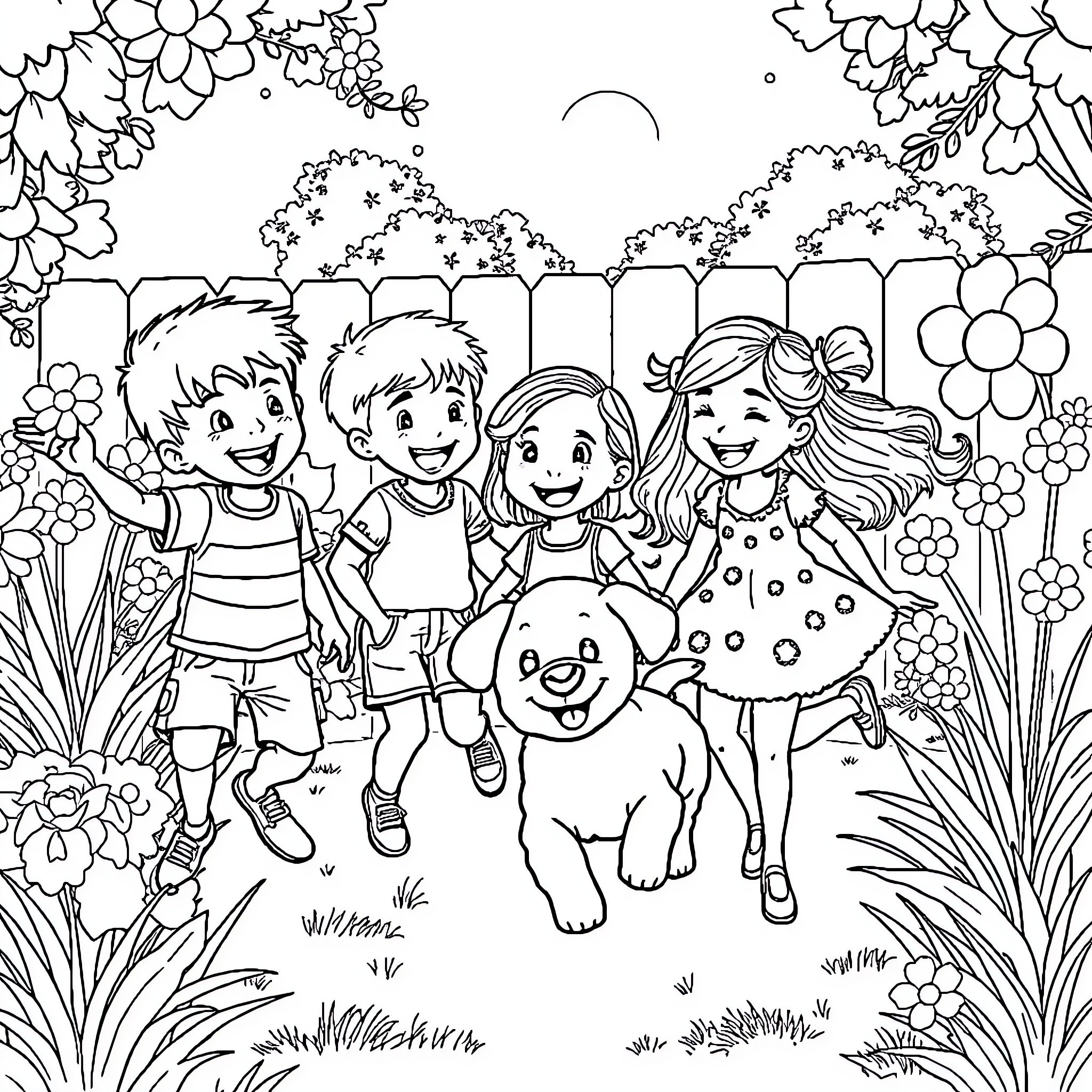 Child friends playing in the garden Coloring Page (free black-and-white line drawing printable PDF for all, from beginners to advanced learners, including children, teens, adults, and seniors)