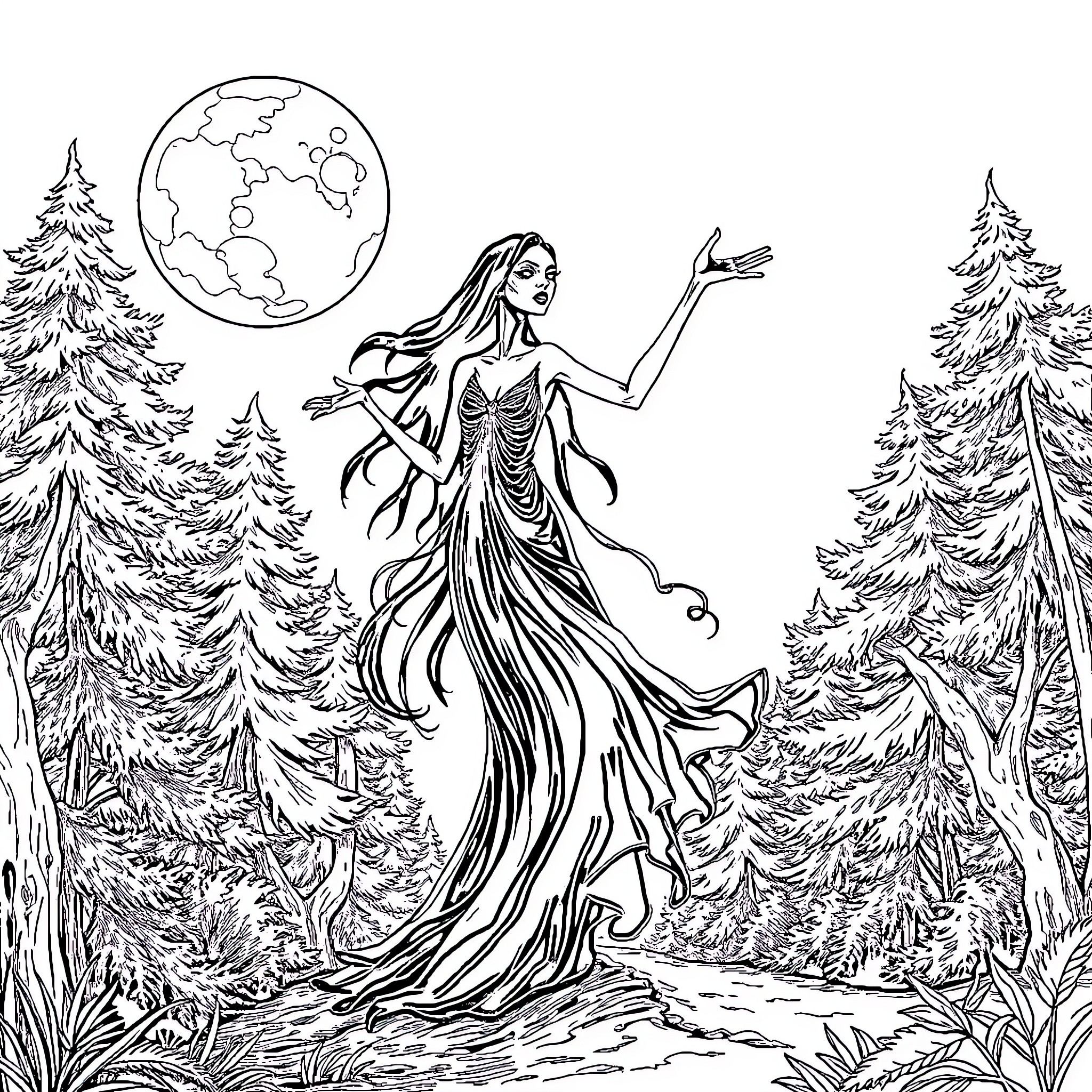 Sirenhead dancing gracefully in a mystical forest Coloring Page (free black-and-white line drawing printable PDF for all, from beginners to advanced learners, including children, teens, adults, and seniors)