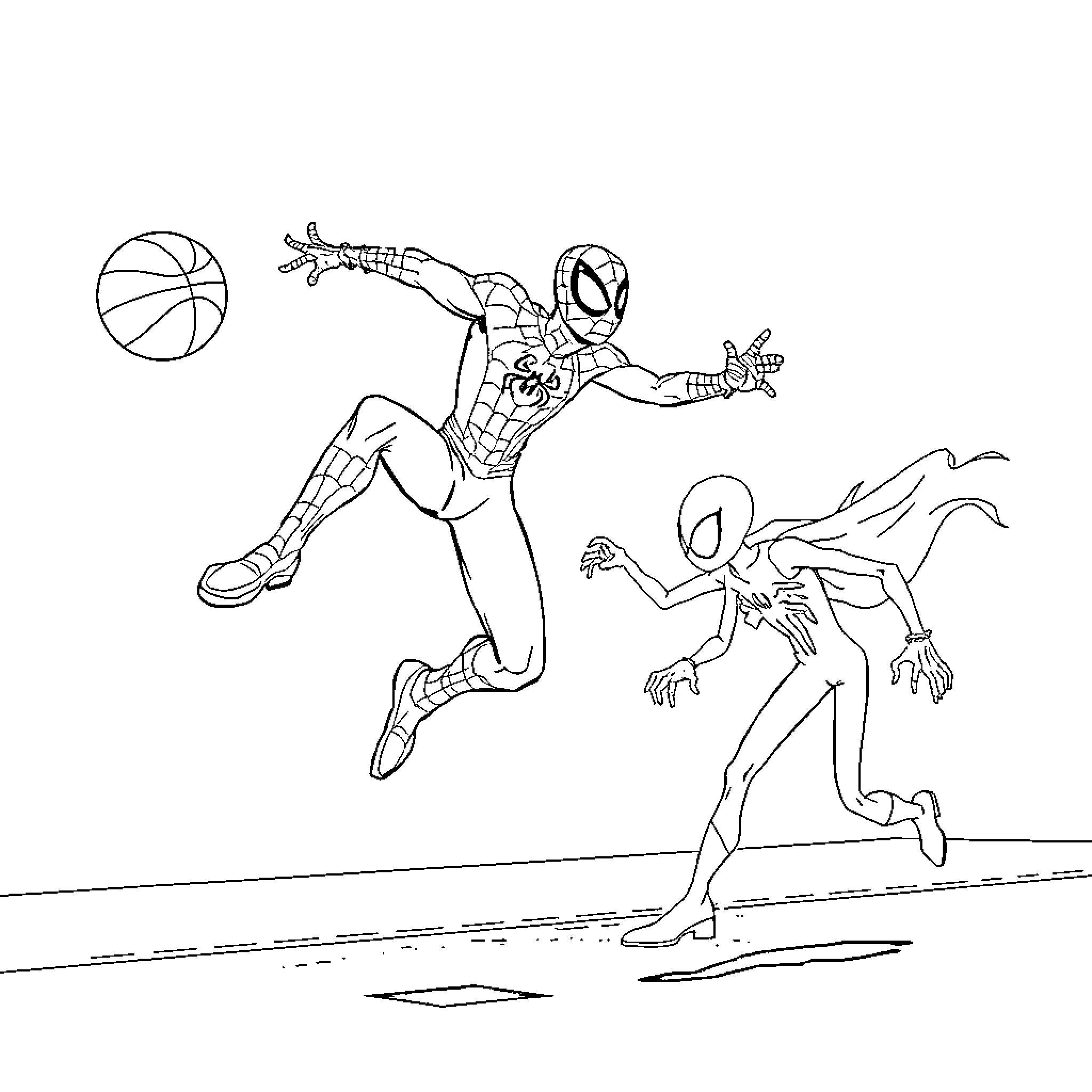 Spider superheroes playing basketball in action Coloring Page (free black-and-white line drawing printable PDF for all, from beginners to advanced learners, including children, teens, adults, and seniors)