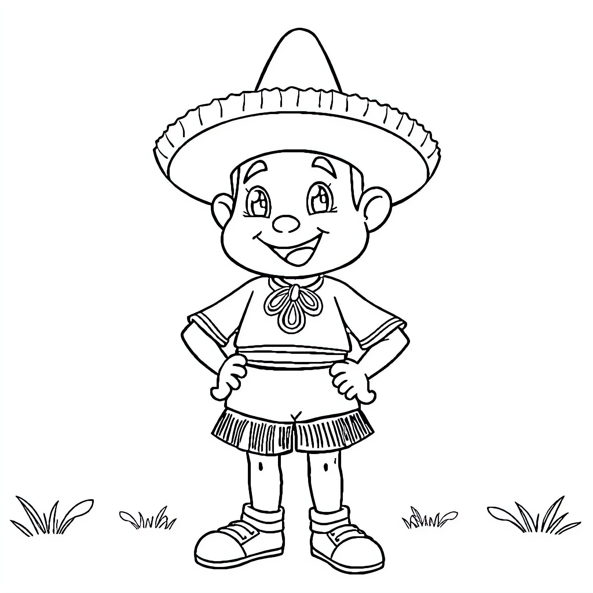 Chapulin in traditional Mexican outfit posing happily Coloring Page (free black-and-white line drawing printable PDF for all, from beginners to advanced learners, including children, teens, adults, and seniors)