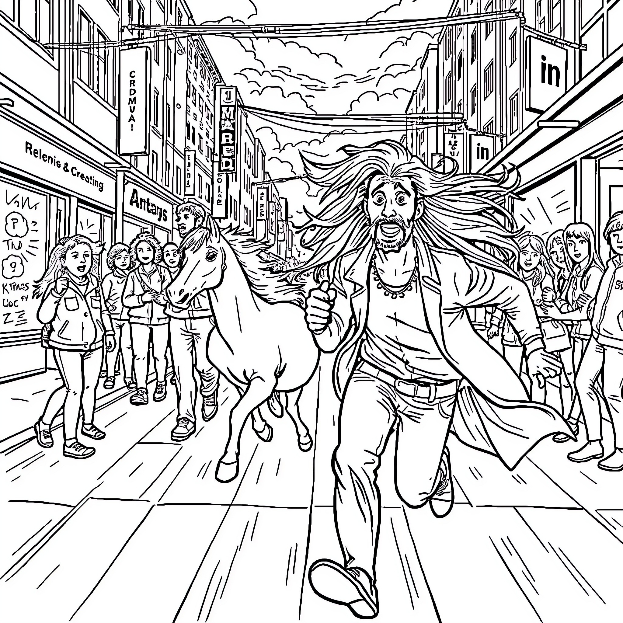 Man running with urgency through a crowded city street Coloring Page (free black-and-white line drawing printable PDF for all, from beginners to advanced learners, including children, teens, adults, and seniors)