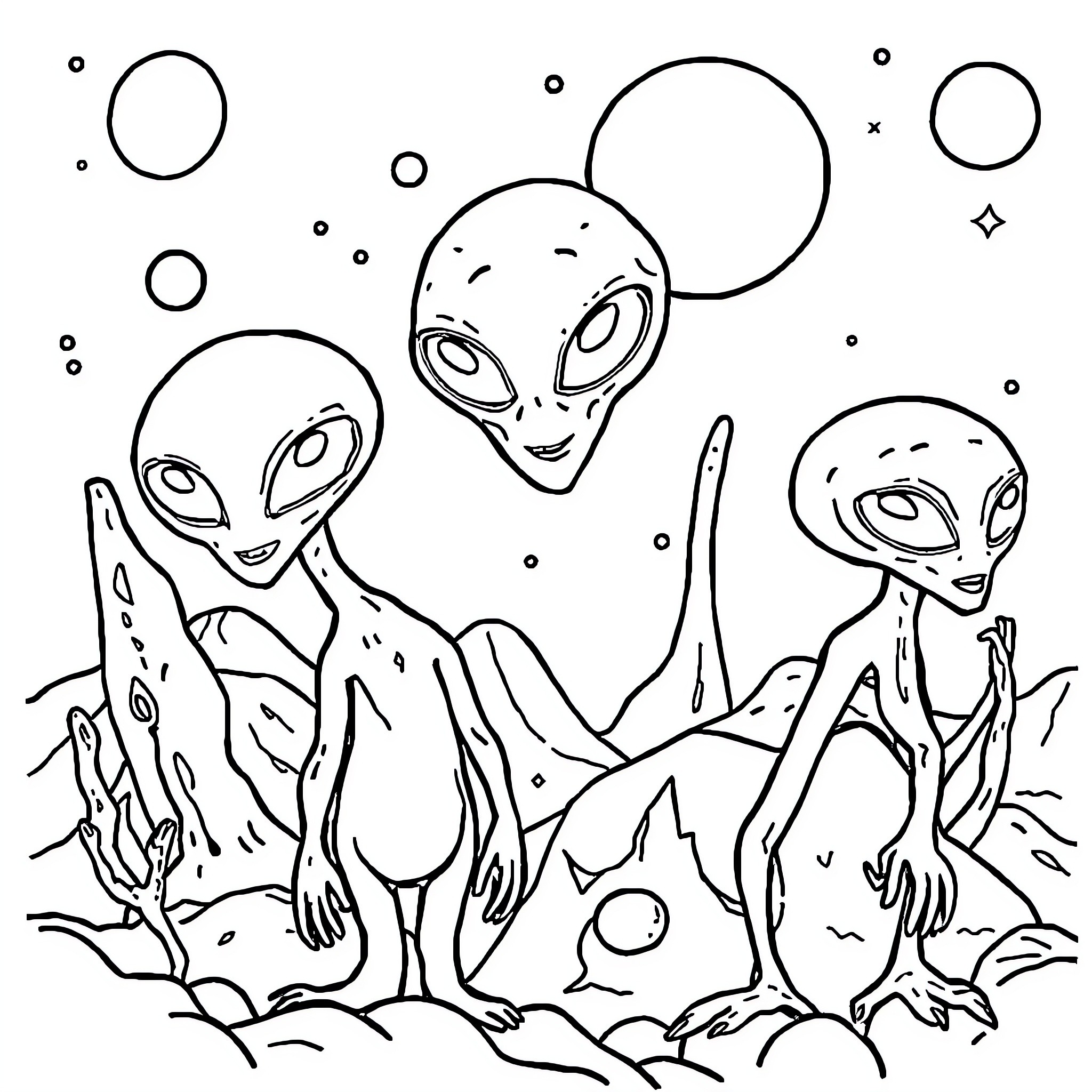Alien Explorers Encounter Mysterious Objects Coloring Page (free black-and-white line drawing printable PDF for all, from beginners to advanced learners, including children, teens, adults, and seniors)