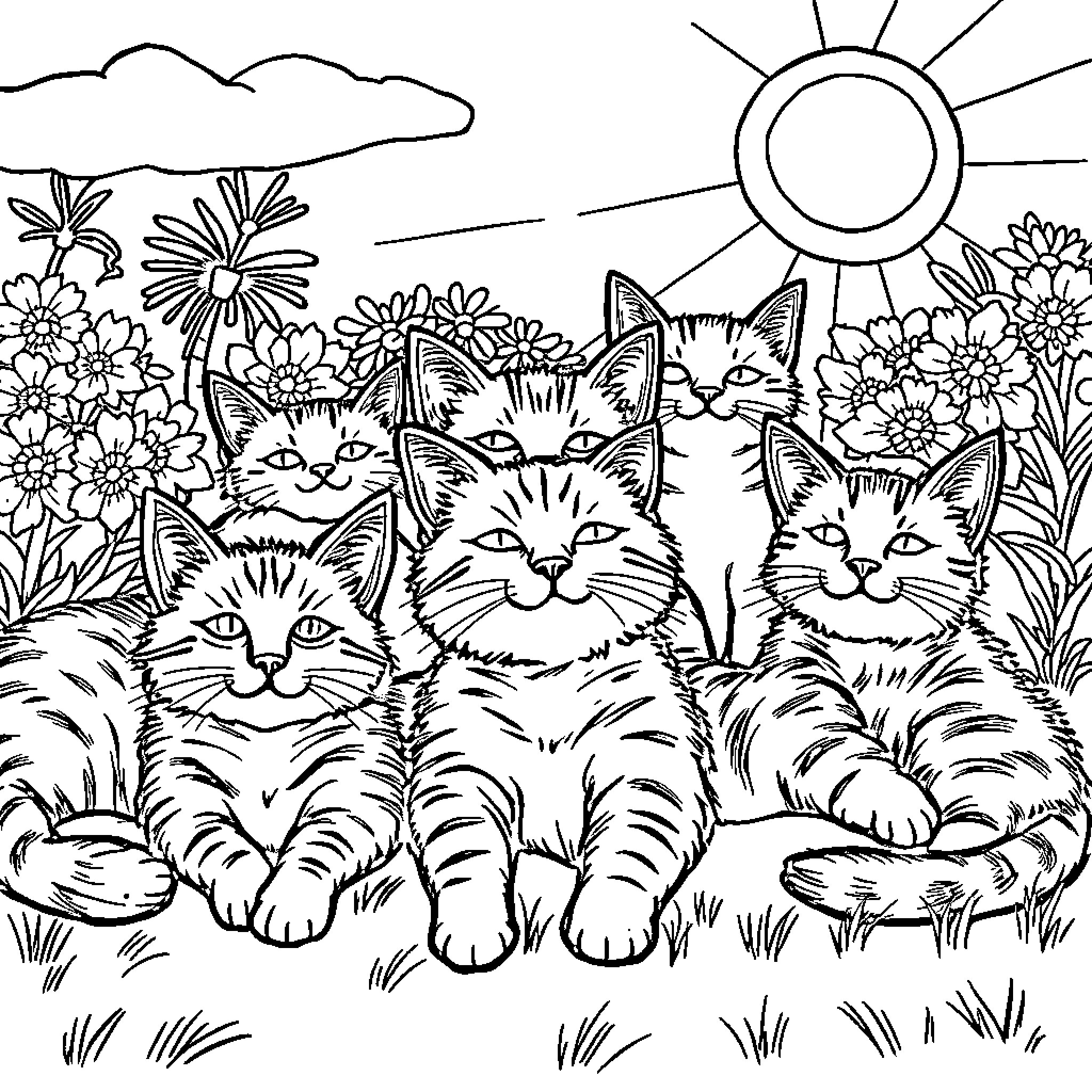 Cat family in a floral garden Coloring Page (free black-and-white line drawing printable PDF for all, from beginners to advanced learners, including children, teens, adults, and seniors)