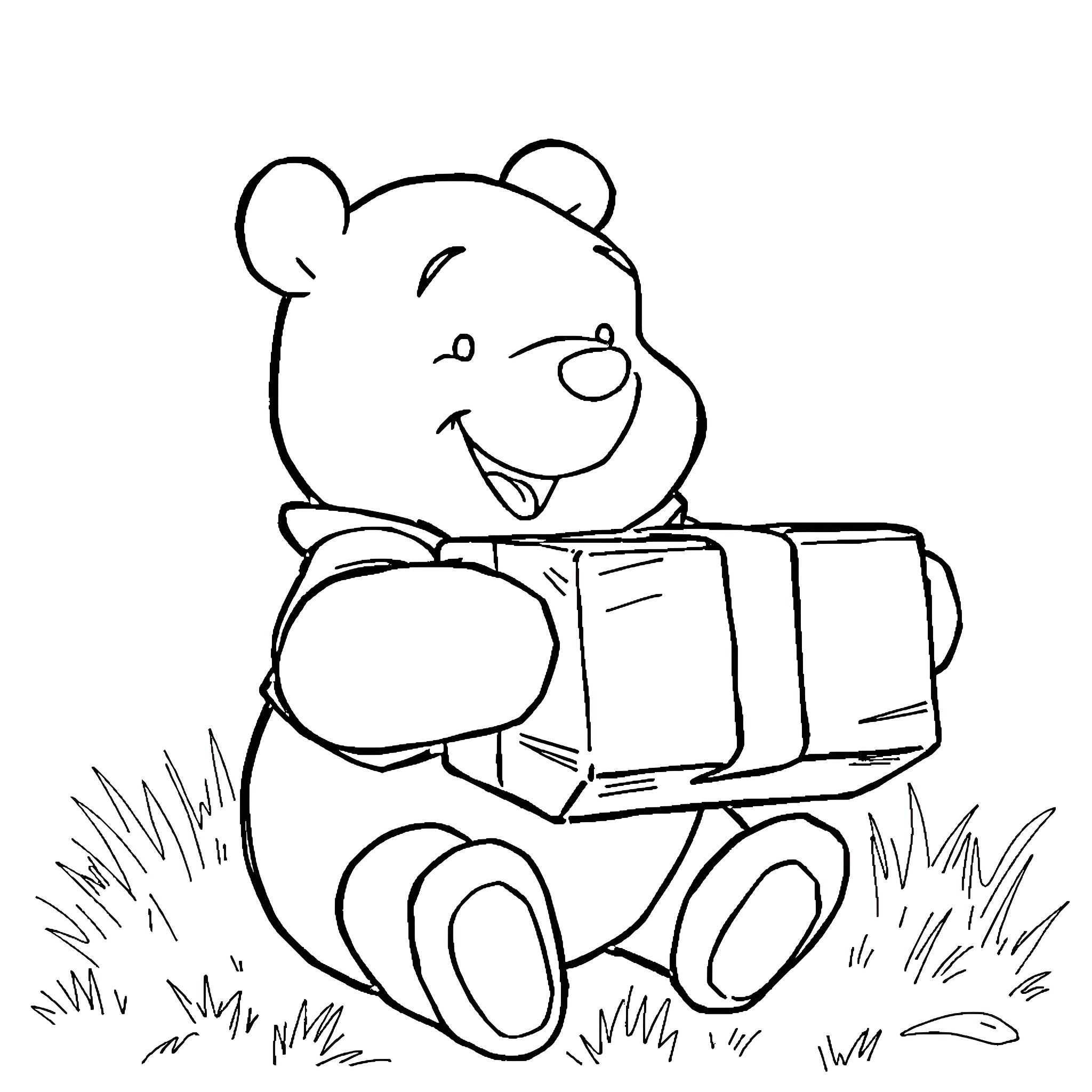 Winnie The Pooh carries a suitcase happily Coloring Page (free black-and-white line drawing printable PDF for all, from beginners to advanced learners, including children, teens, adults, and seniors)