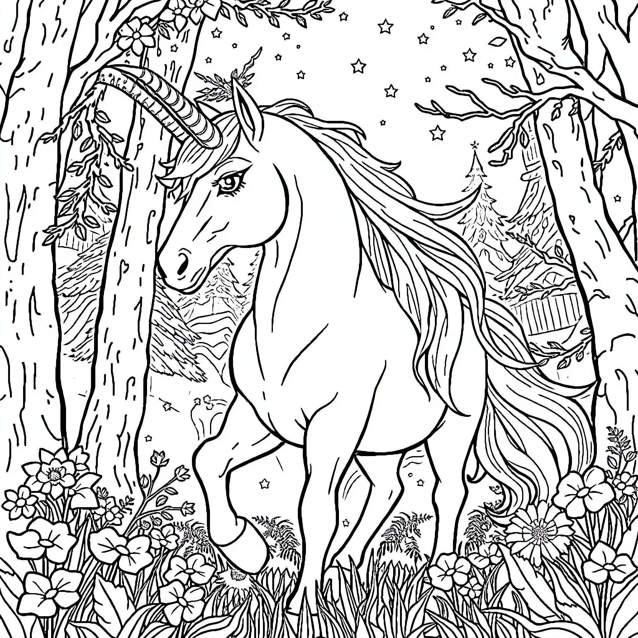 Unicorn Enchanted by the Magical Forest Coloring Page (free black-and-white line drawing printable PDF for all, from beginners to advanced learners, including children, teens, adults, and seniors)