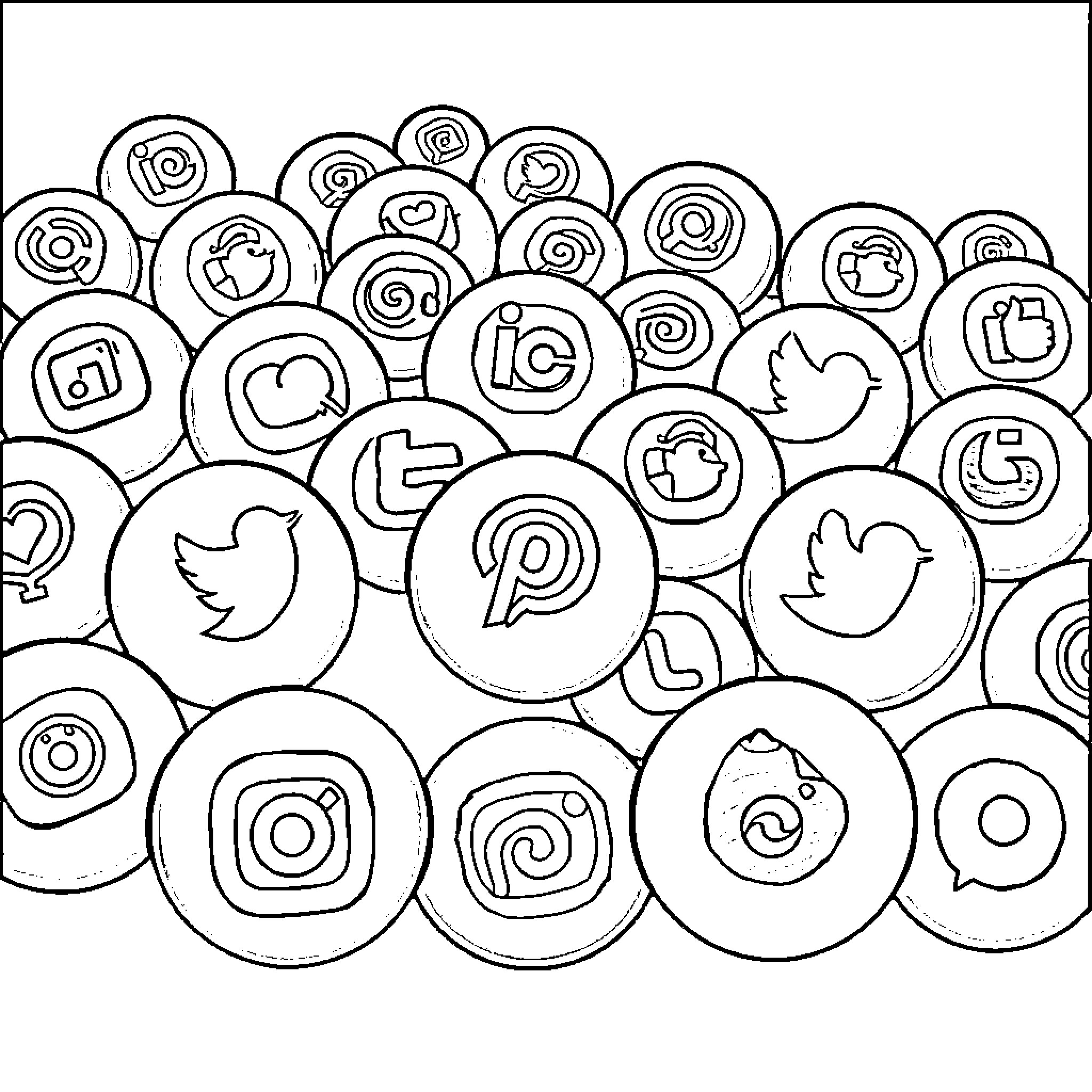 Ball of social media icons in black and white Coloring Page (free black-and-white line drawing printable PDF for all, from beginners to advanced learners, including children, teens, adults, and seniors)