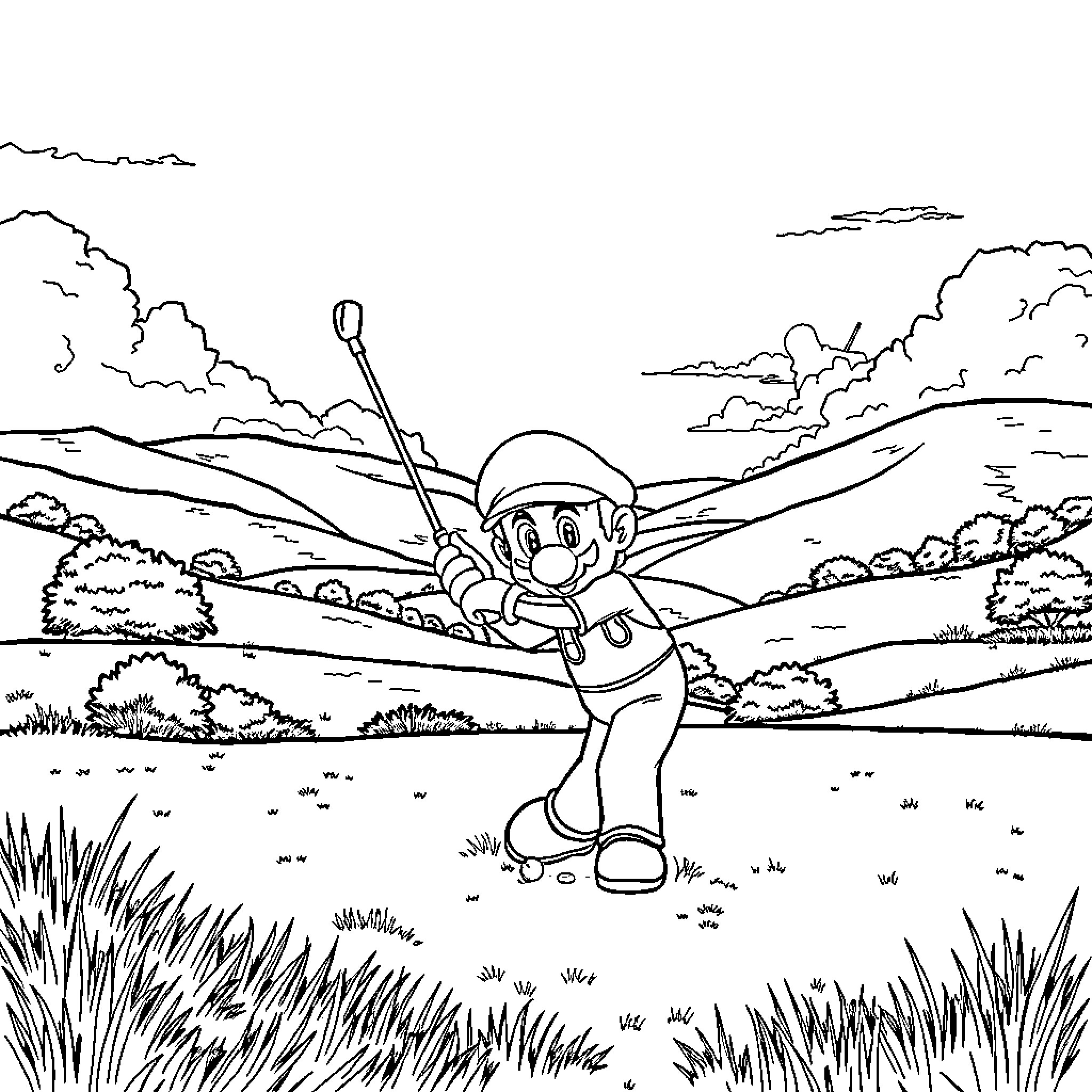 Mario exploring the vast countryside Coloring Page (free black-and-white line drawing printable PDF for all, from beginners to advanced learners, including children, teens, adults, and seniors)