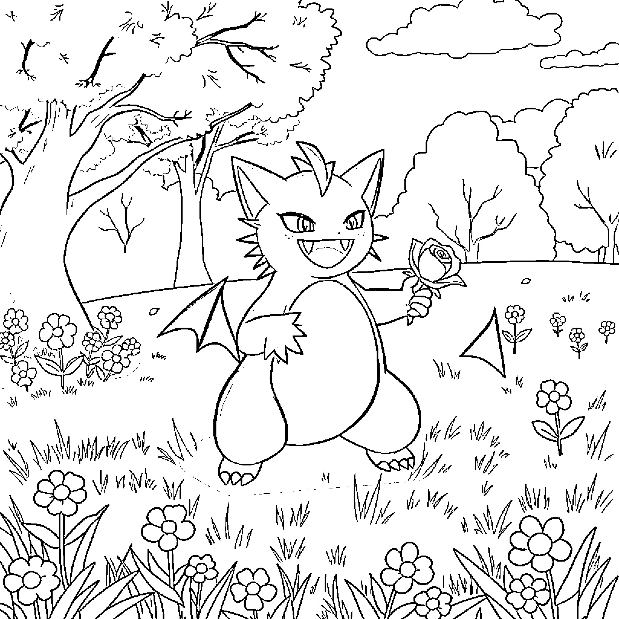 Kuromi enjoying the outdoors in nature Coloring Page (free black-and-white line drawing printable PDF for all, from beginners to advanced learners, including children, teens, adults, and seniors)