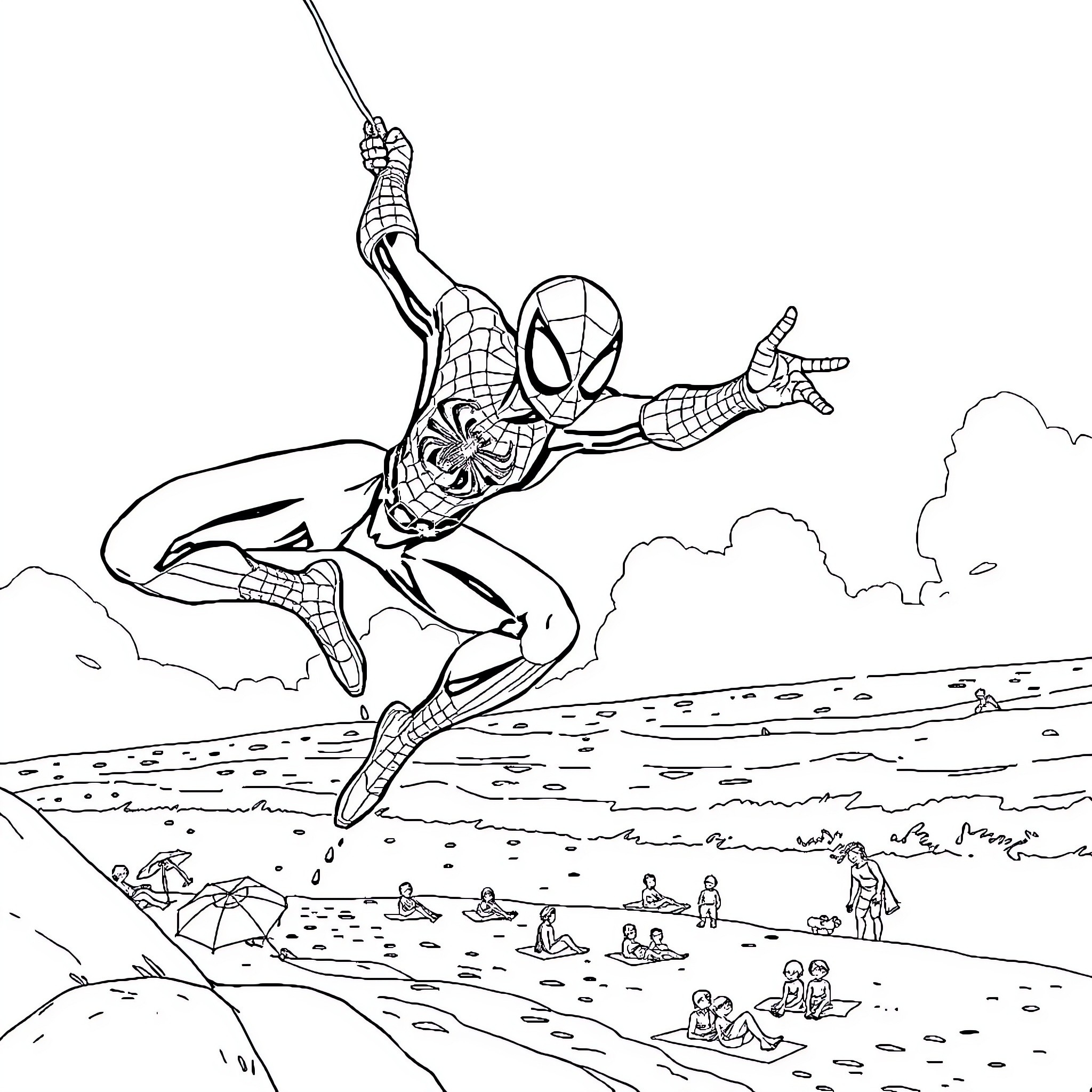 Spider-Man swinging over a beach scene Coloring Page (free black-and-white line drawing printable PDF for all, from beginners to advanced learners, including children, teens, adults, and seniors)