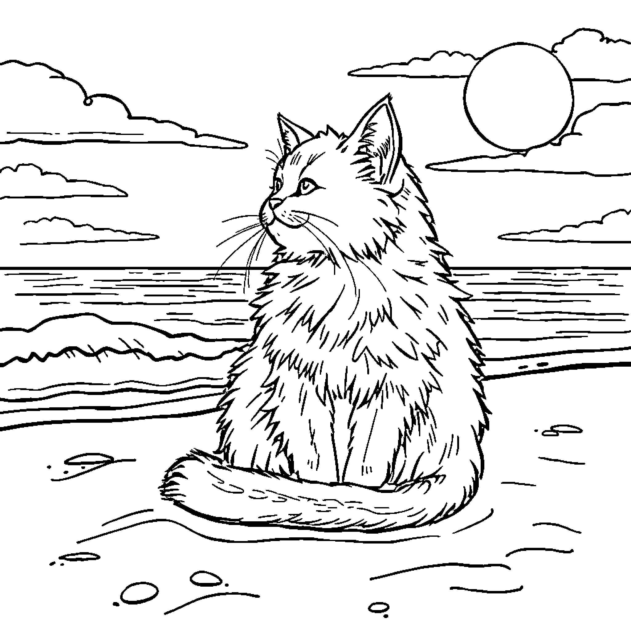 Cat gazing at the sunset by the shore Coloring Page (free black-and-white line drawing printable PDF for all, from beginners to advanced learners, including children, teens, adults, and seniors)