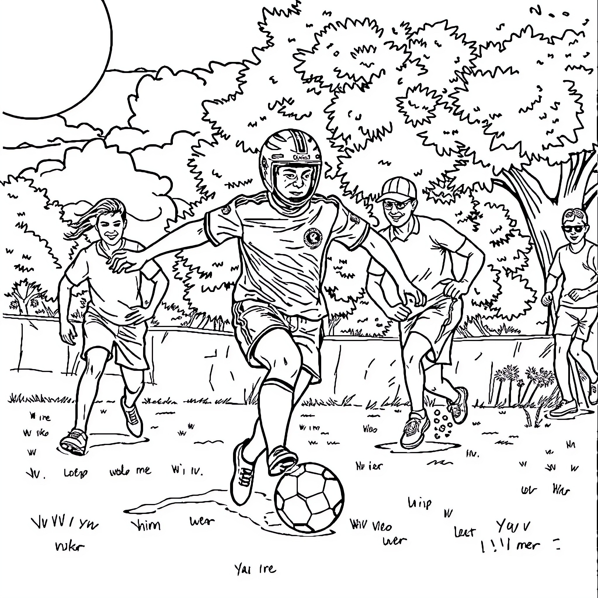Ayrton Senna playing soccer with teammates on the field Coloring Page (free black-and-white line drawing printable PDF for all, from beginners to advanced learners, including children, teens, adults, and seniors)