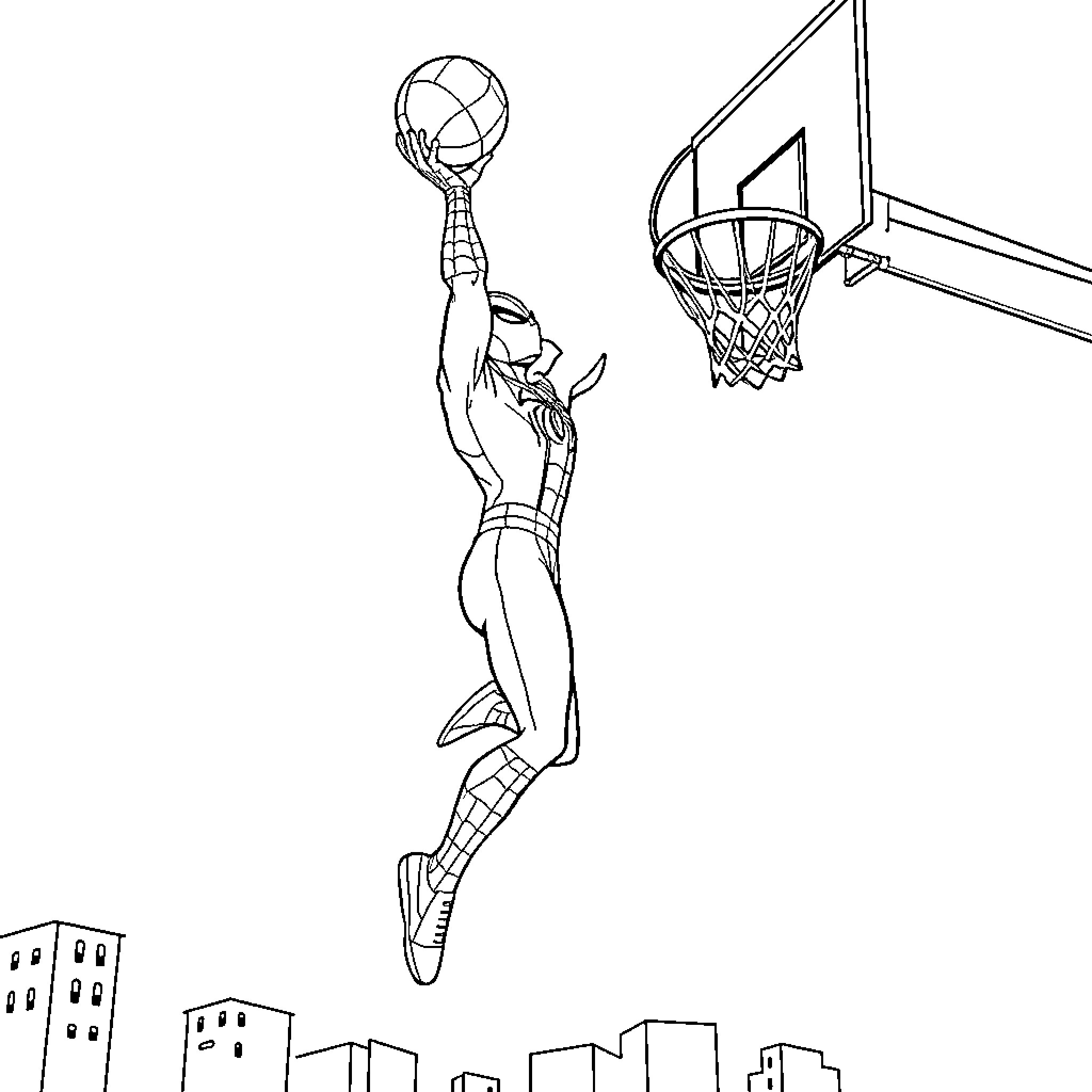 Spider-Man dunking basketball in hoop above city skyline Coloring Page (free black-and-white line drawing printable PDF for all, from beginners to advanced learners, including children, teens, adults, and seniors)