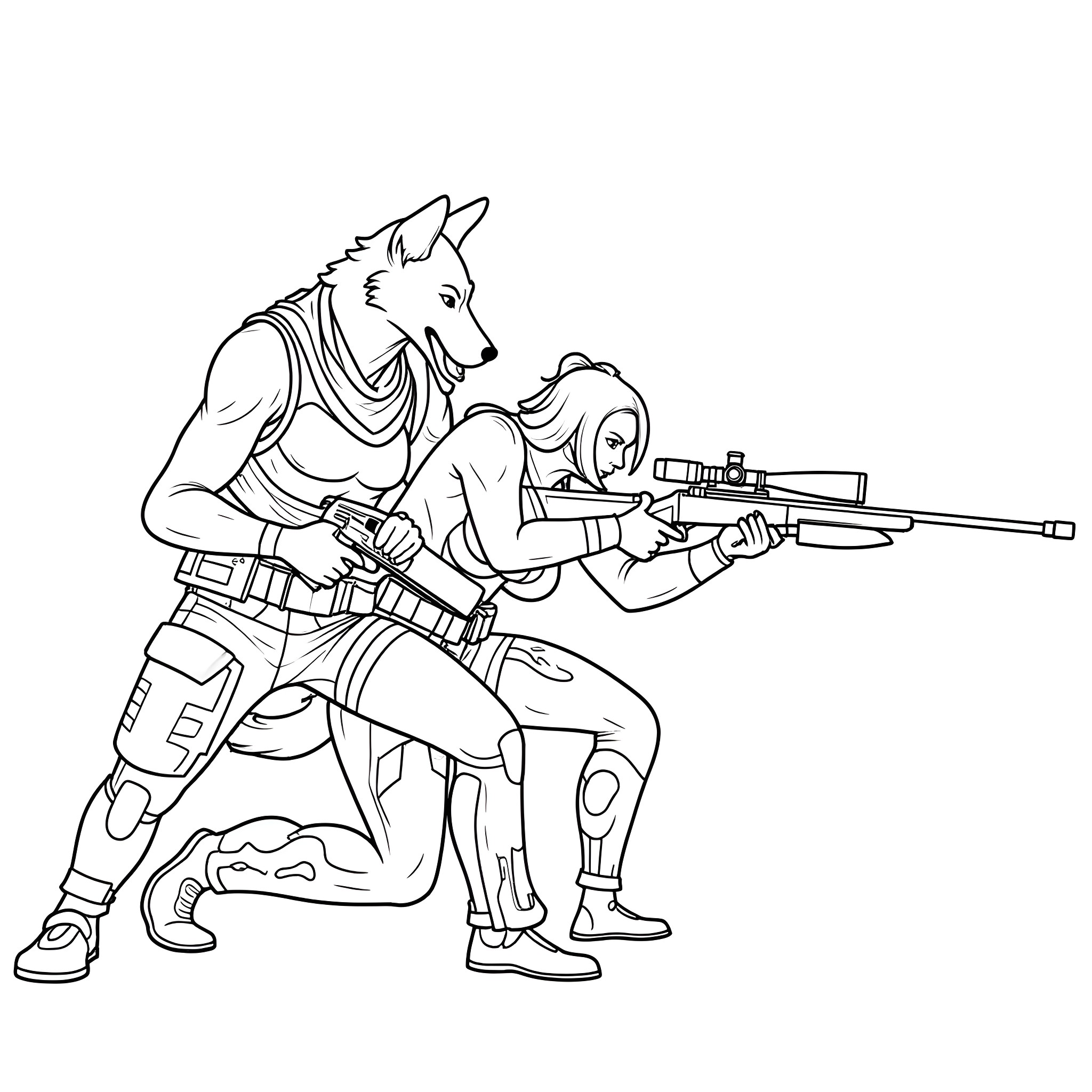 Dog soldiers aiming rifles in combat gear Coloring Page (free black-and-white line drawing printable PDF for all, from beginners to advanced learners, including children, teens, adults, and seniors)