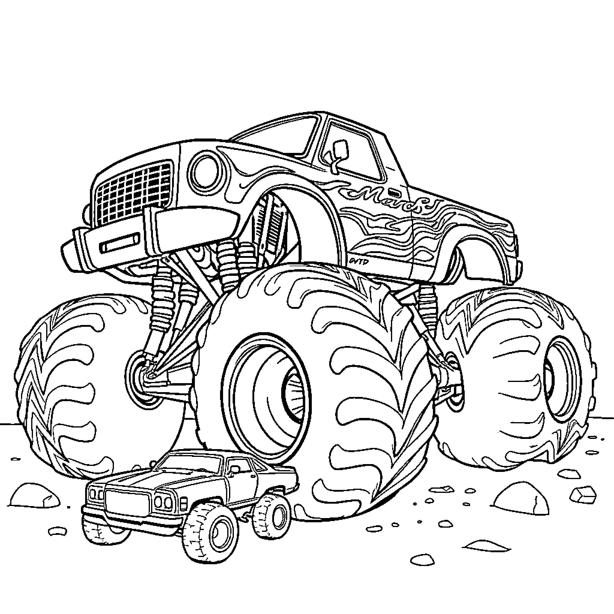 Monster Truck Jumping Over Obstacles on the Dirt Track Coloring Page (free black-and-white line drawing printable PDF for all, from beginners to advanced learners, including children, teens, adults, and seniors)