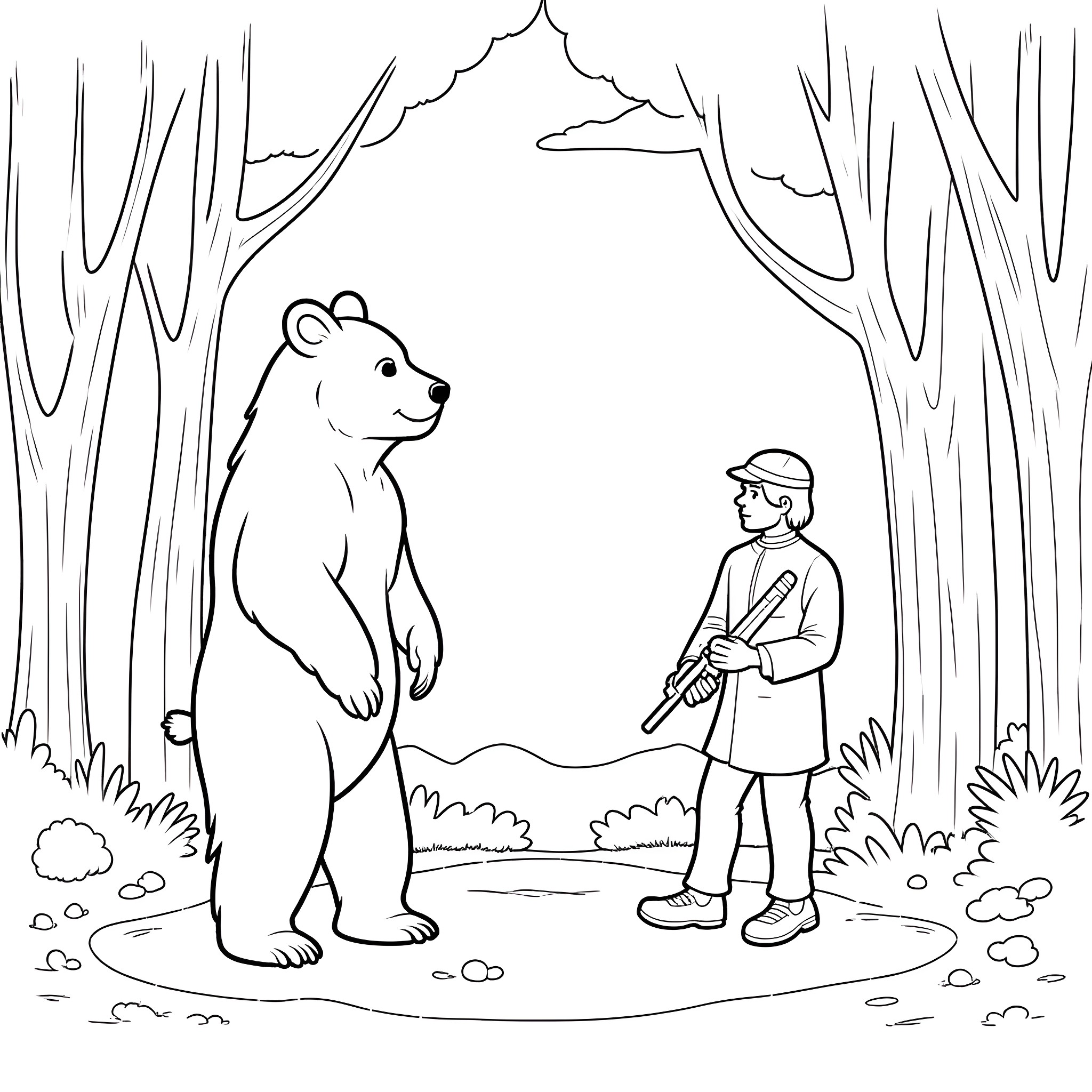 Bear and man encounter in the forest Coloring Page (free black-and-white line drawing printable PDF for all, from beginners to advanced learners, including children, teens, adults, and seniors)